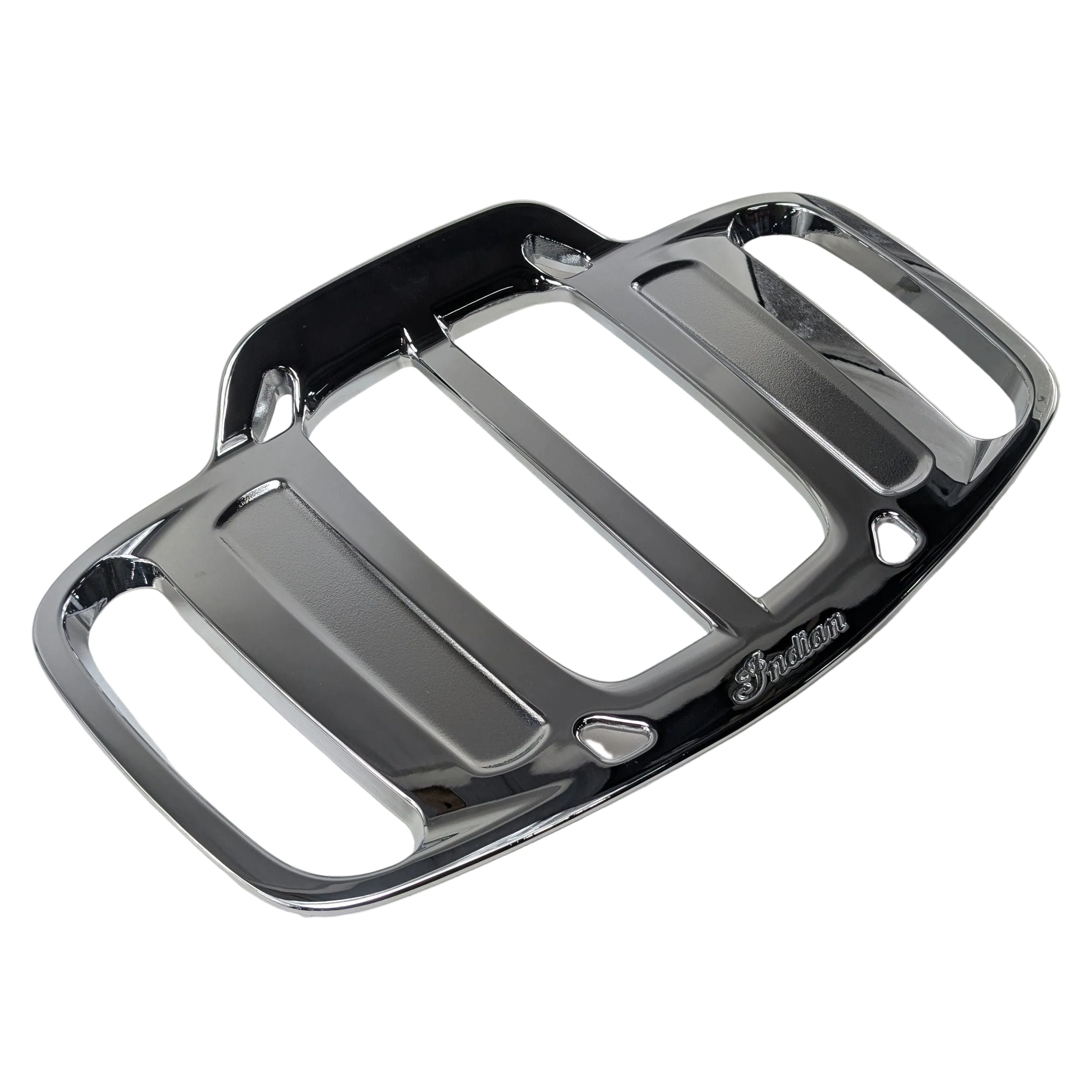 Chrome motorcycle trunk rack with three elongated slots and rounded edges, black mounting base visible beneath.