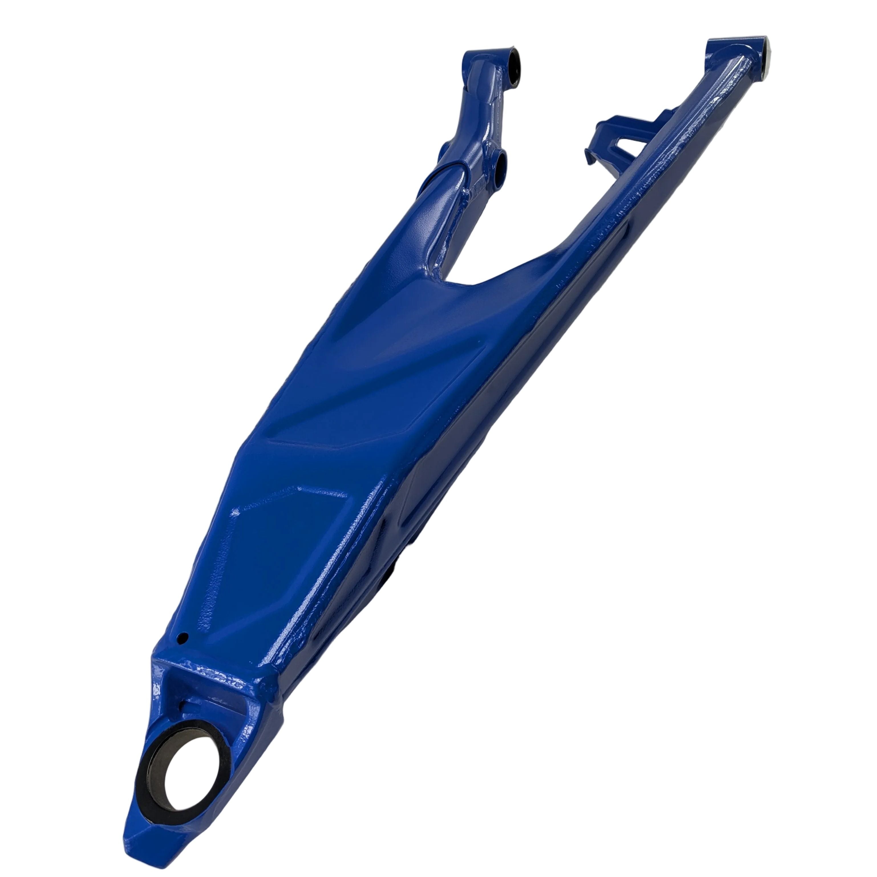Blue metal left-hand upper suspension arm with smooth finish and mounting points.