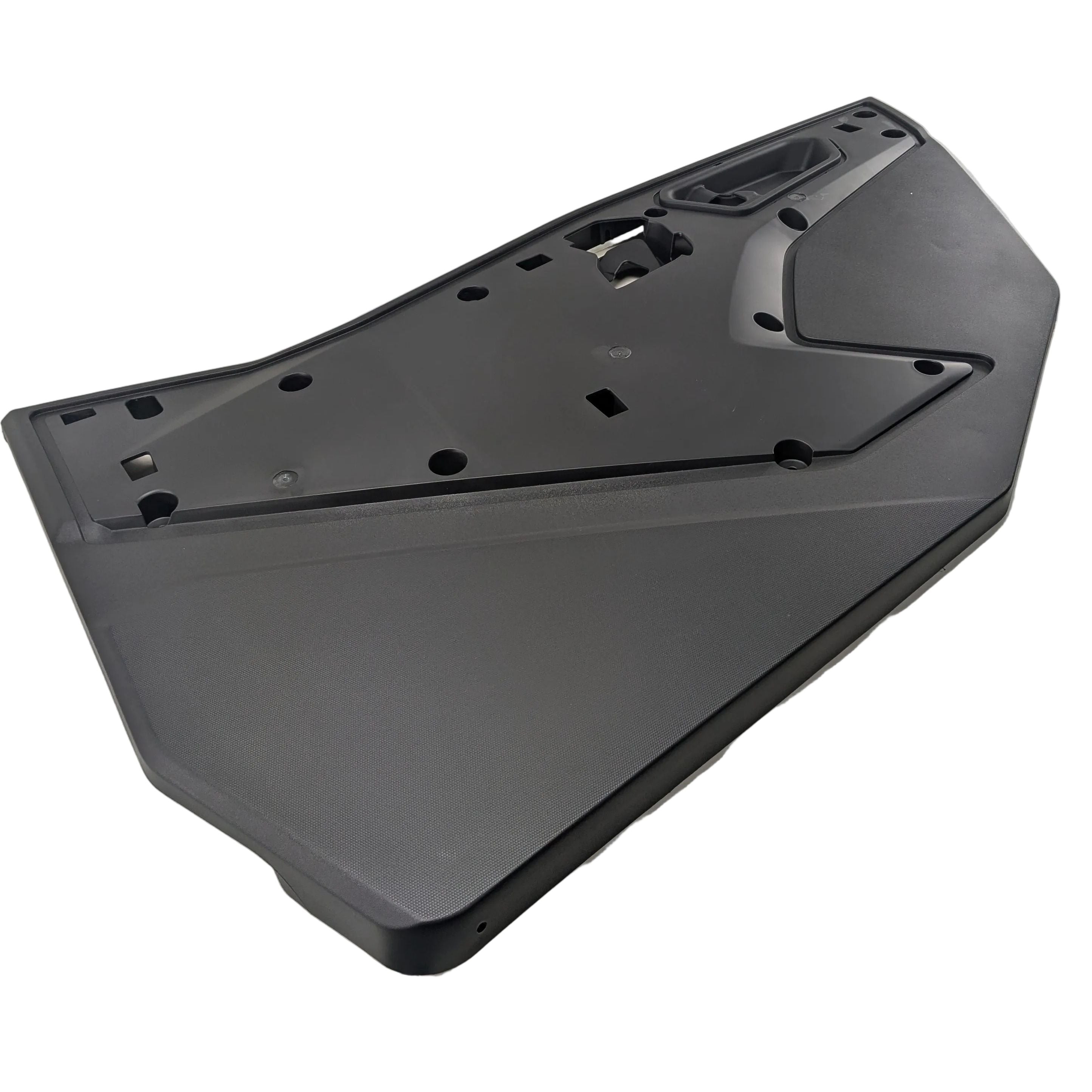 Matte black left outer door panel with angular molded design and multiple mounting holes, made from durable plastic.