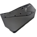 Matte black left outer door panel with angular molded design and multiple mounting holes, made from durable plastic.