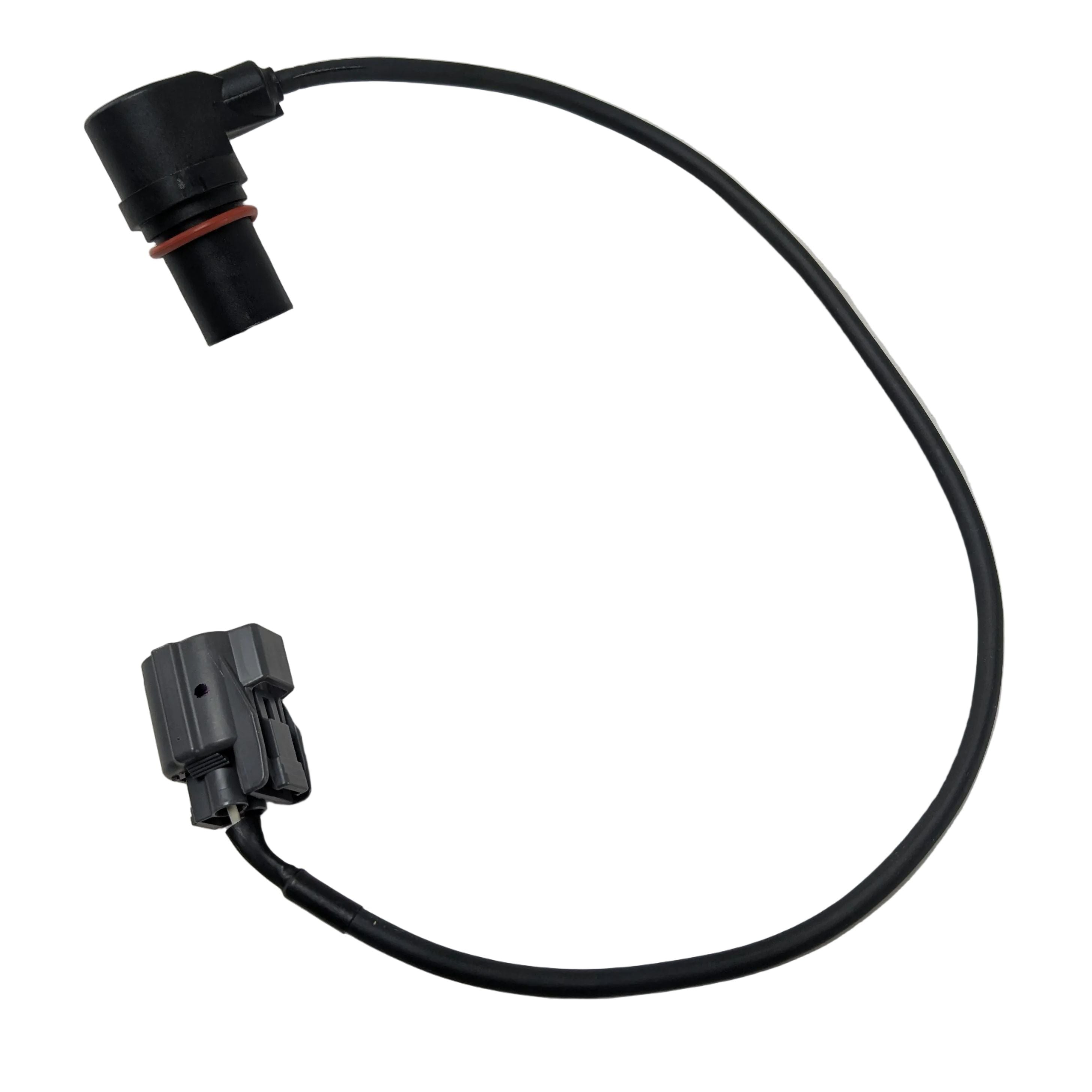 Black crank position sensor with gray rectangular connector and flexible cable.