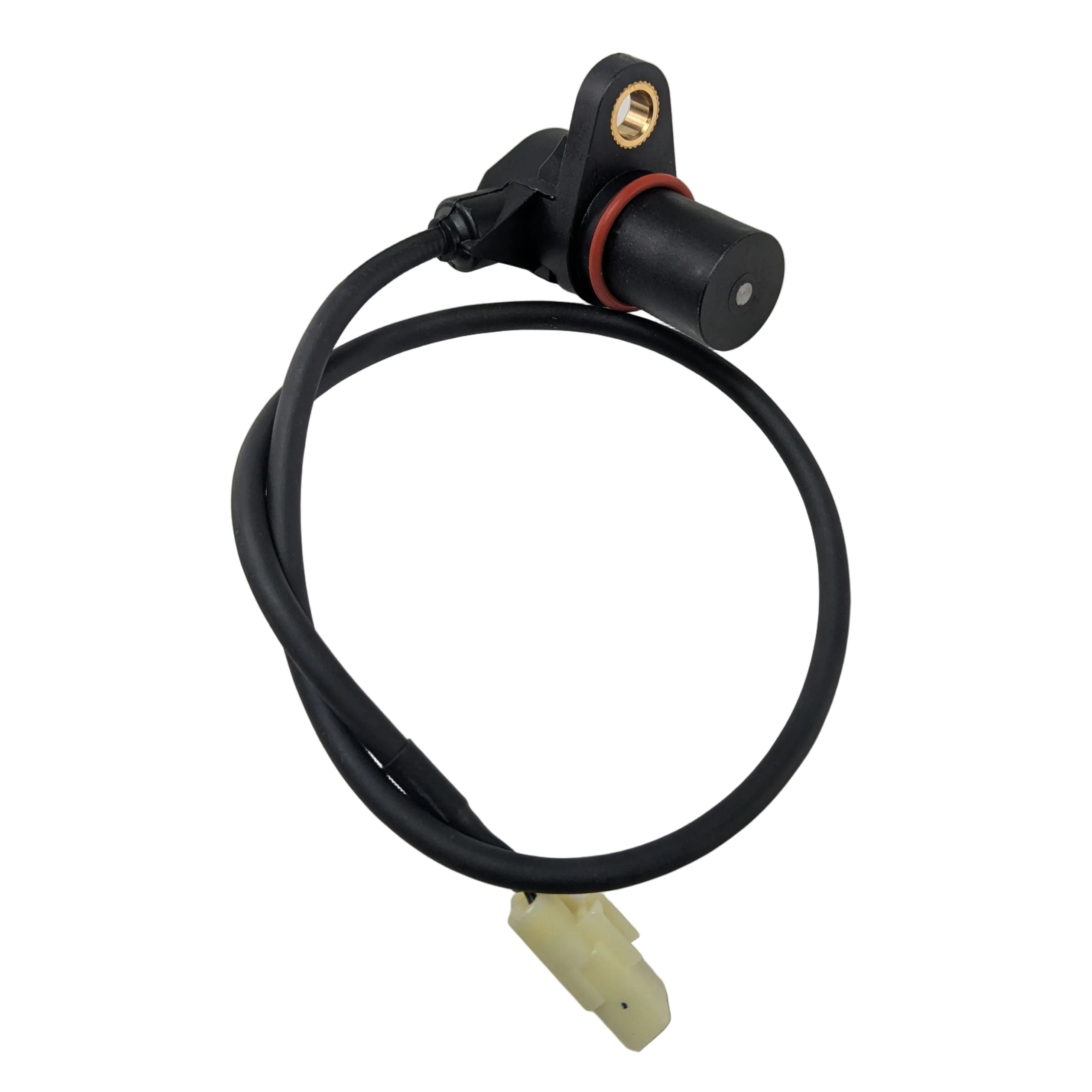 Black crank position sensor with white plastic connector and a mounted metal bracket hole.