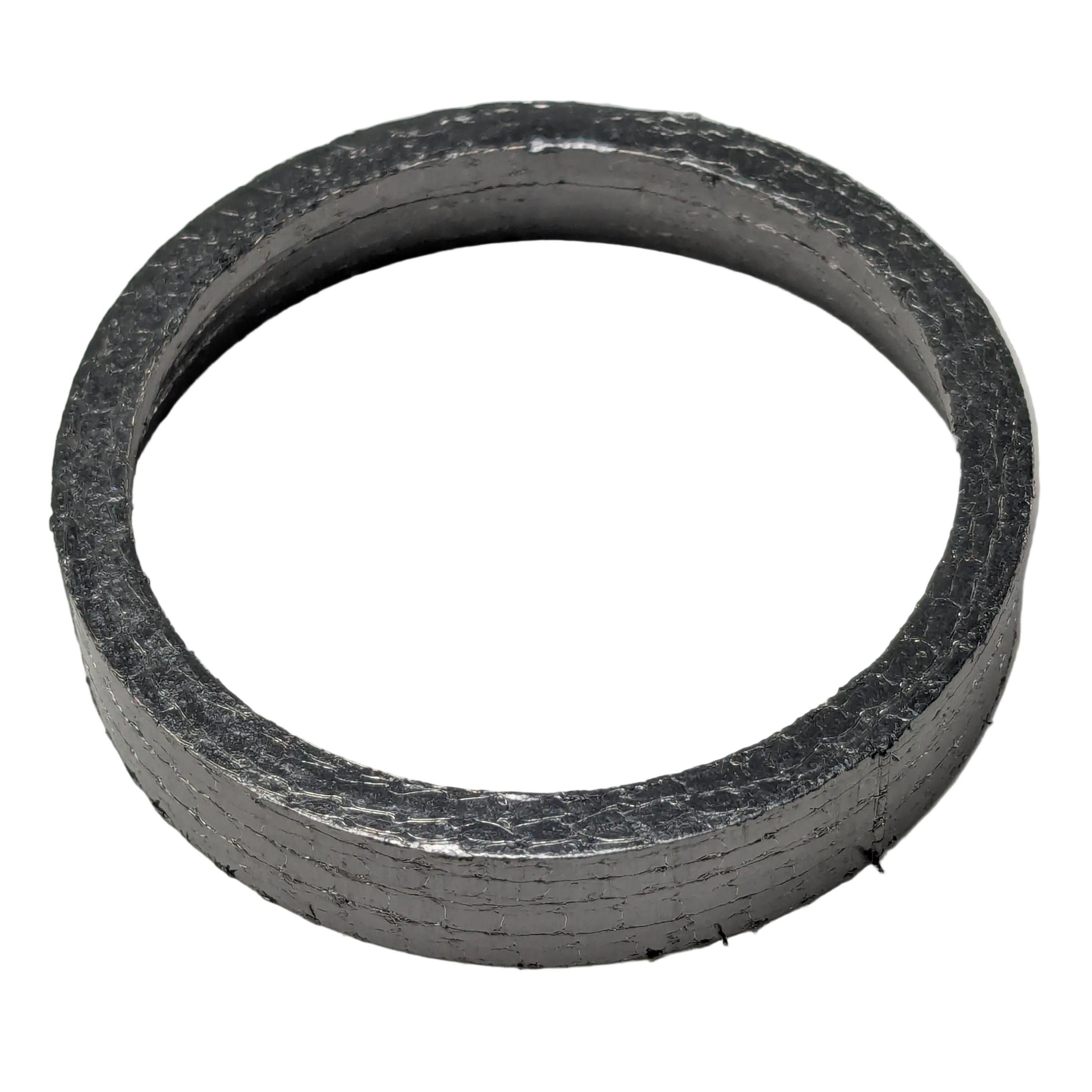 Conical exhaust gasket ring in dark gray metal with textured surface for cylinder head seal.