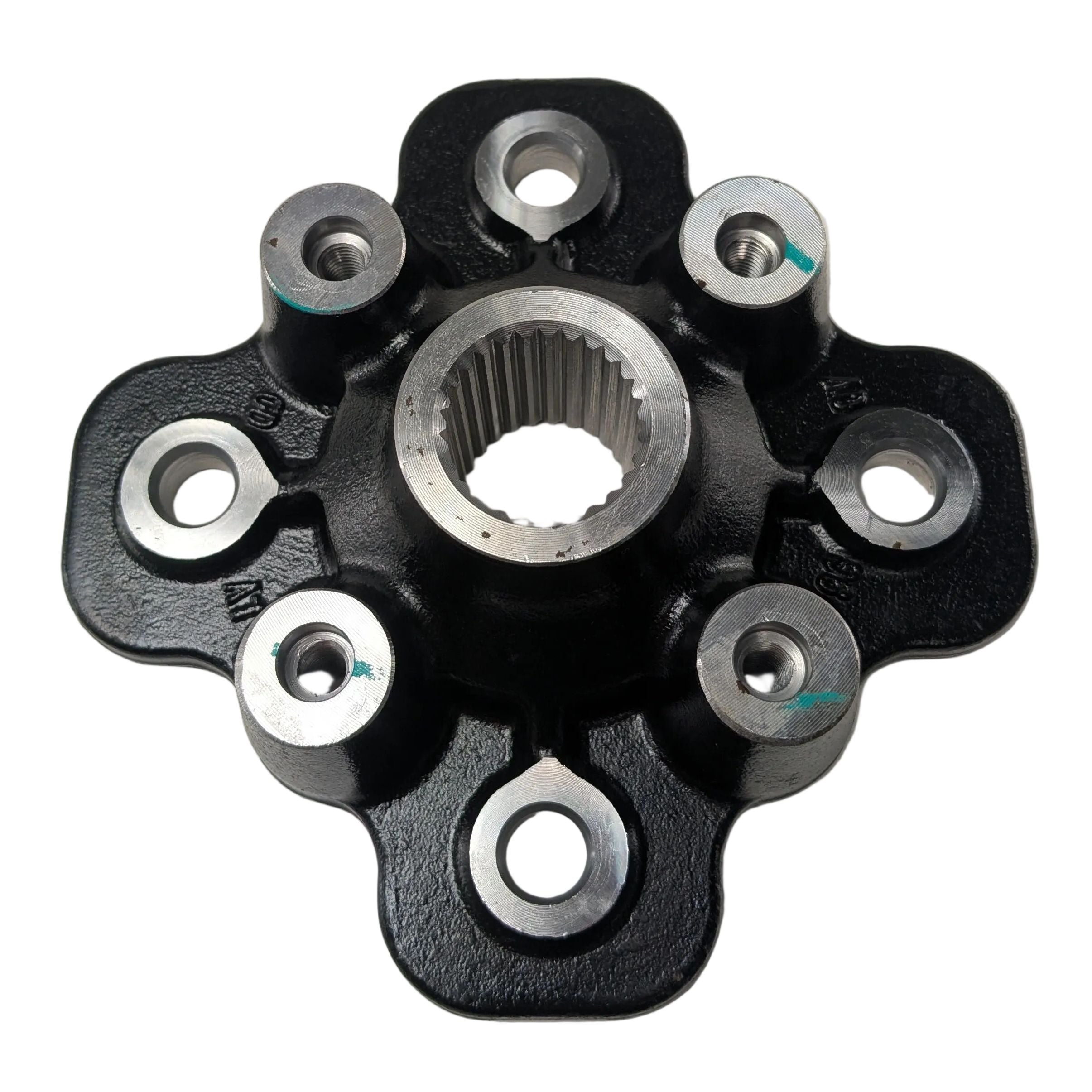 Black metal wheel hub with six bolt holes and a splined center for CFMOTO vehicles.