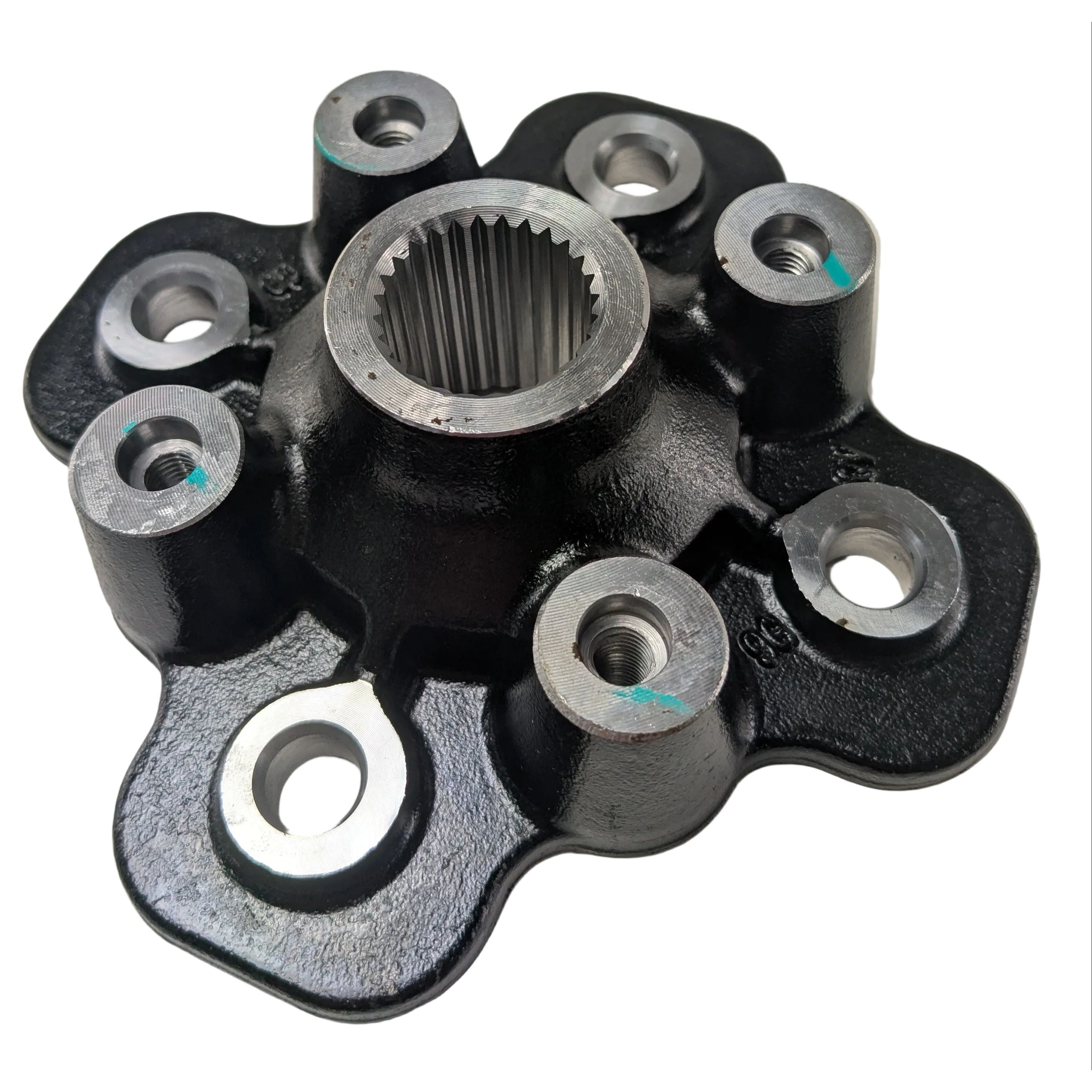 Black metal wheel hub with six bolt holes and central splined opening for ATV or UTV use.