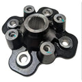 Black metal wheel hub with six bolt holes and central splined opening for ATV or UTV use.