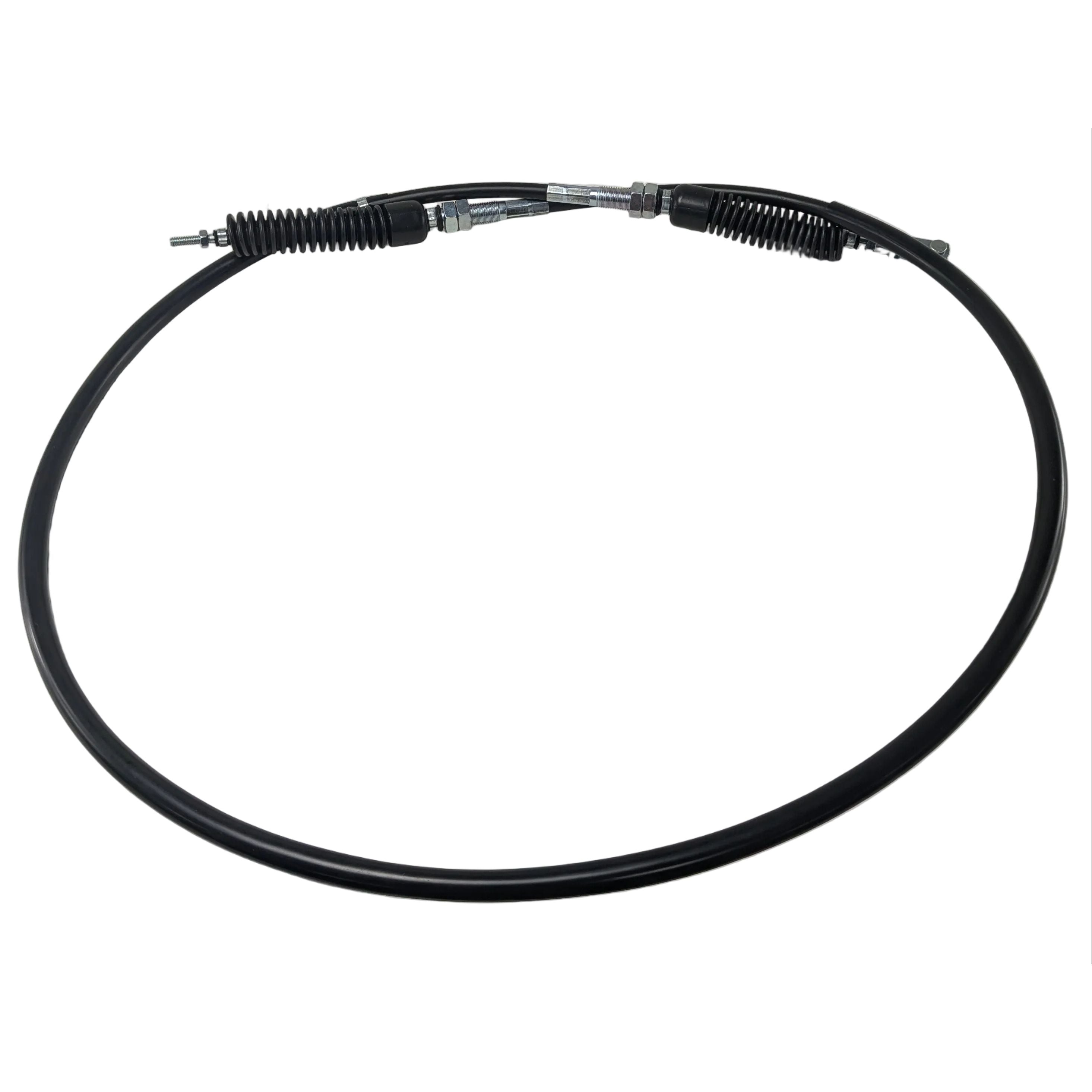 Black flexible gear shift cable with metal connectors and protective rubber sleeves on each end.