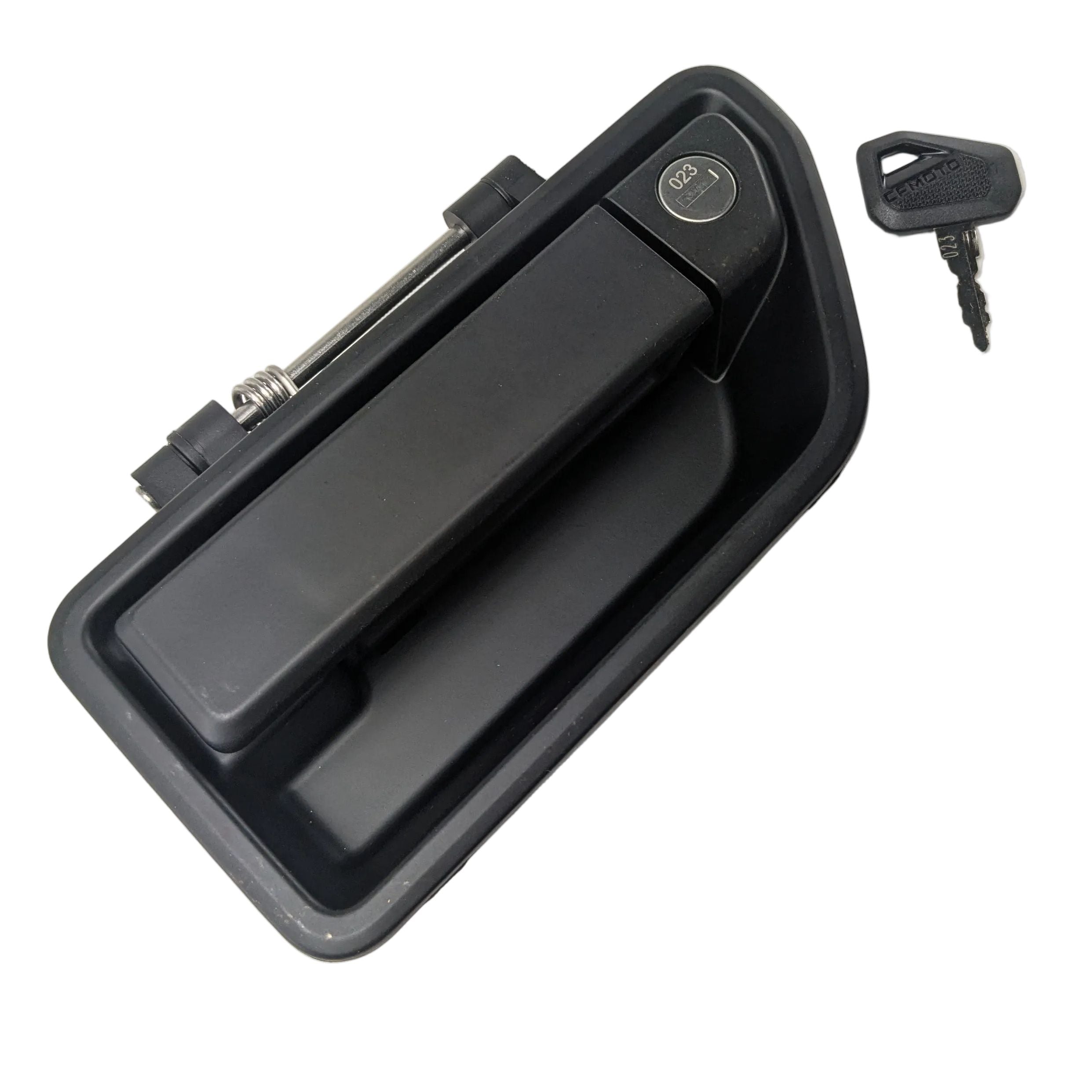 Black rectangular exterior door handle with integrated lock and accompanying key.