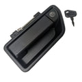 Black rectangular exterior door handle with integrated lock and accompanying key.