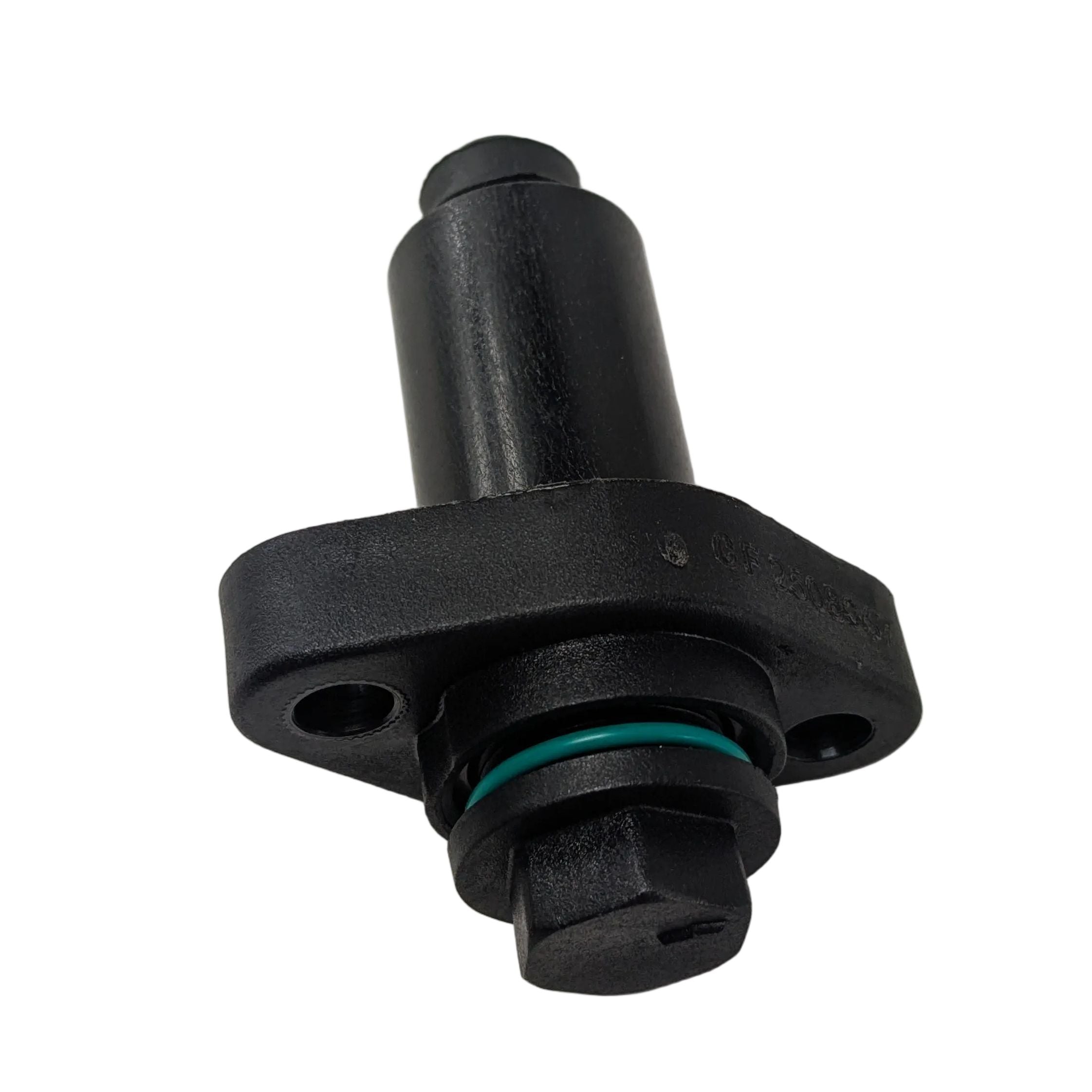 Black plastic tensioner with a cylindrical body and green sealing ring.