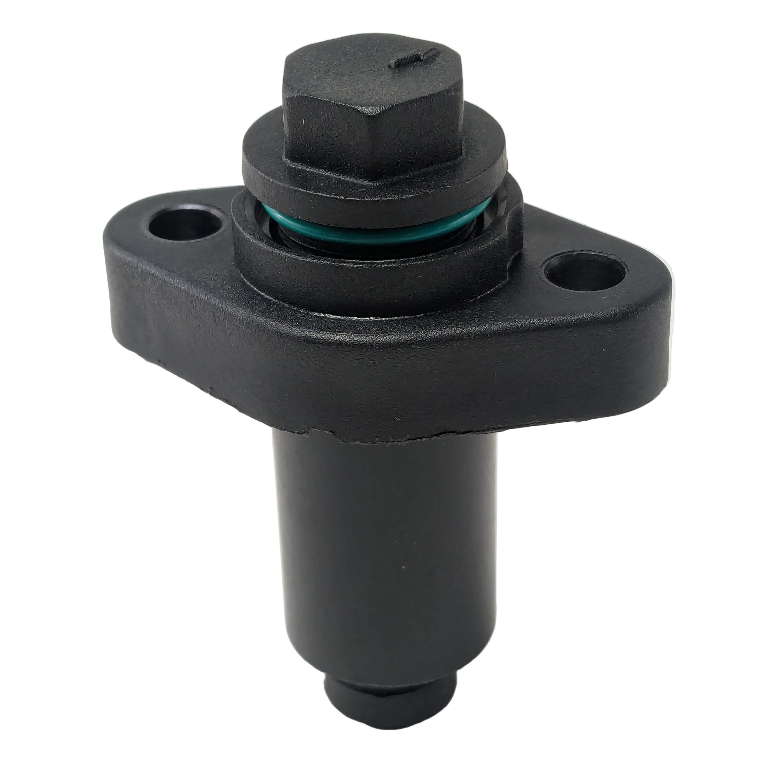 Black cylindrical tensioner with hexagonal bolt head and green seal on flange mounting plate.