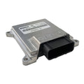 Rectangular silver metal ECU with black plastic connector and mounting holes on each corner.