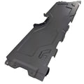 Matte black molded plastic front lower baffle seat panel with angular contour lines and mounting tabs.