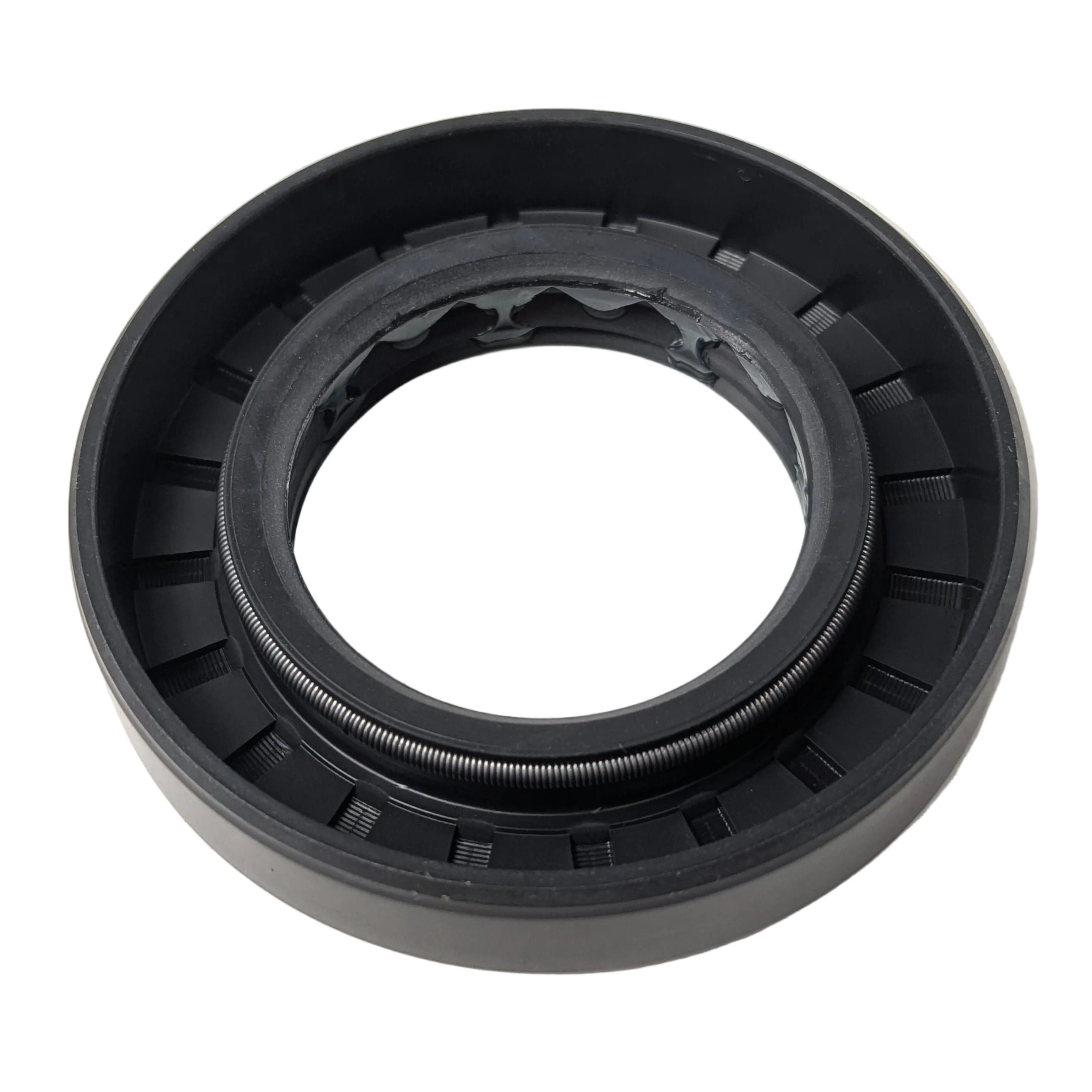 Black round rubber seal with ridged inner edge and flat outer rim, used for machinery or automotive parts.