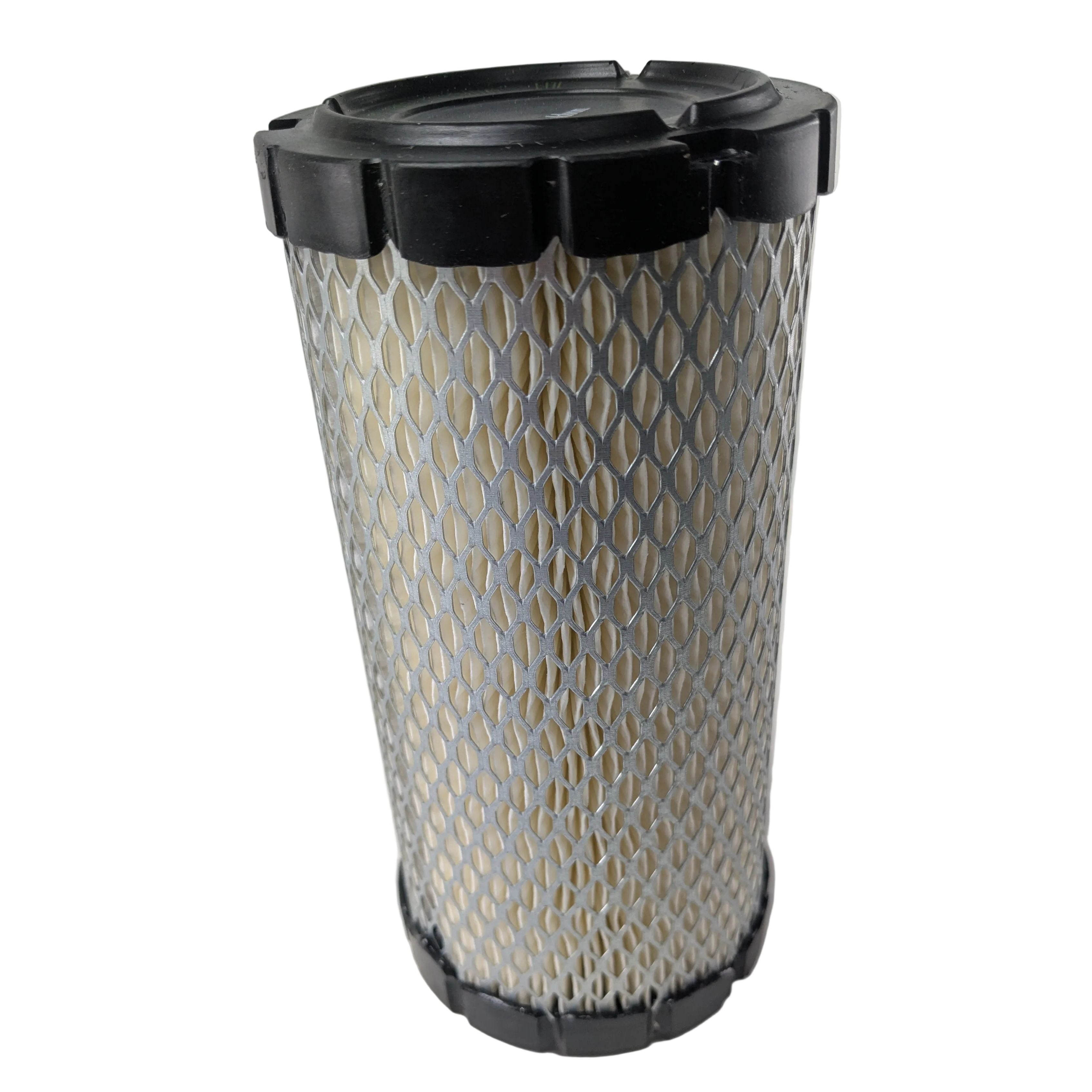 Cylindrical air filter with black plastic ends and white pleated filter material encased in a metal mesh.