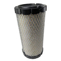 Cylindrical air filter with black plastic ends and white pleated filter material encased in a metal mesh.