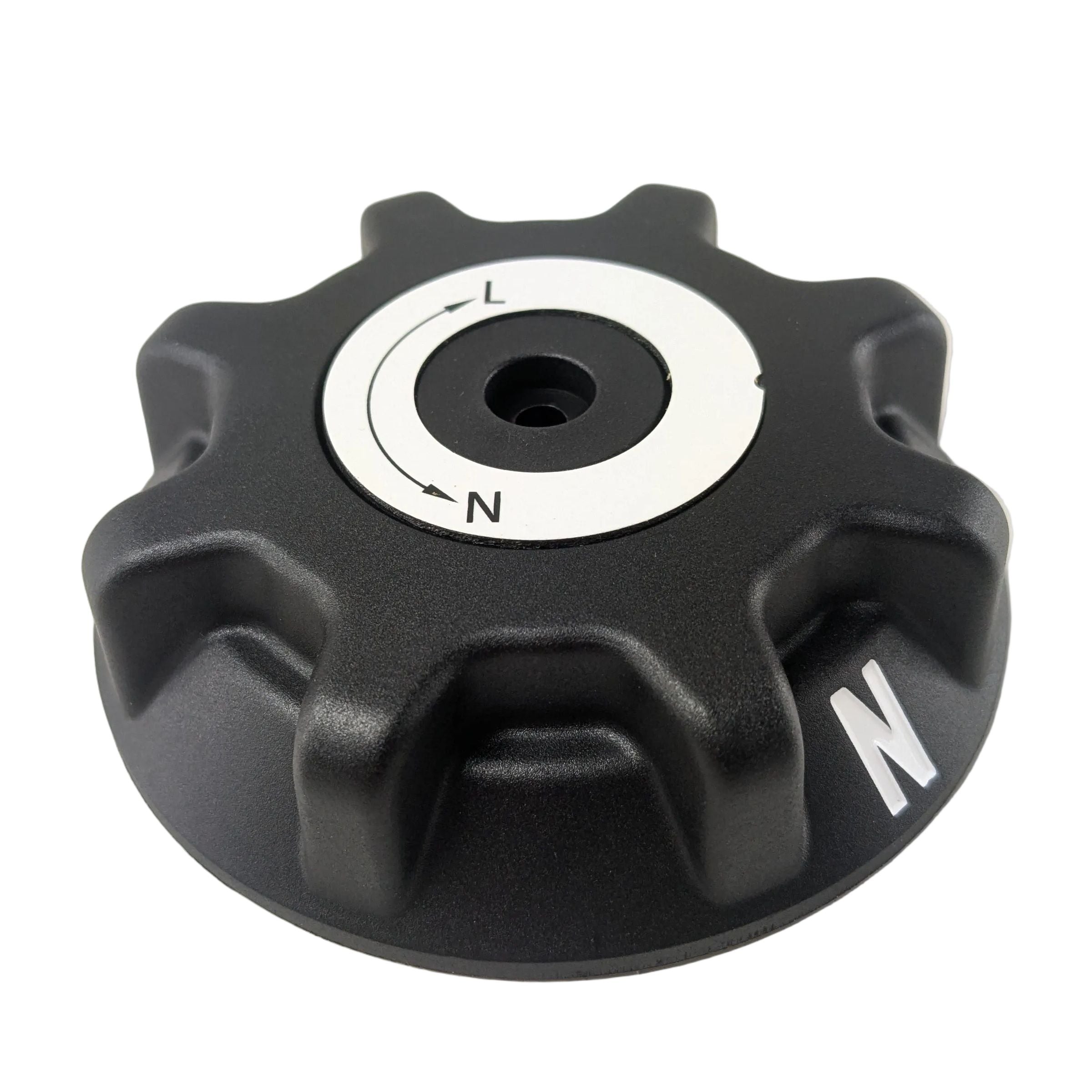 Black rugged plastic winch gear handle with a white circular center featuring directional markings and the letter N.