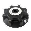 Black rugged plastic winch gear handle with a white circular center featuring directional markings and the letter N.