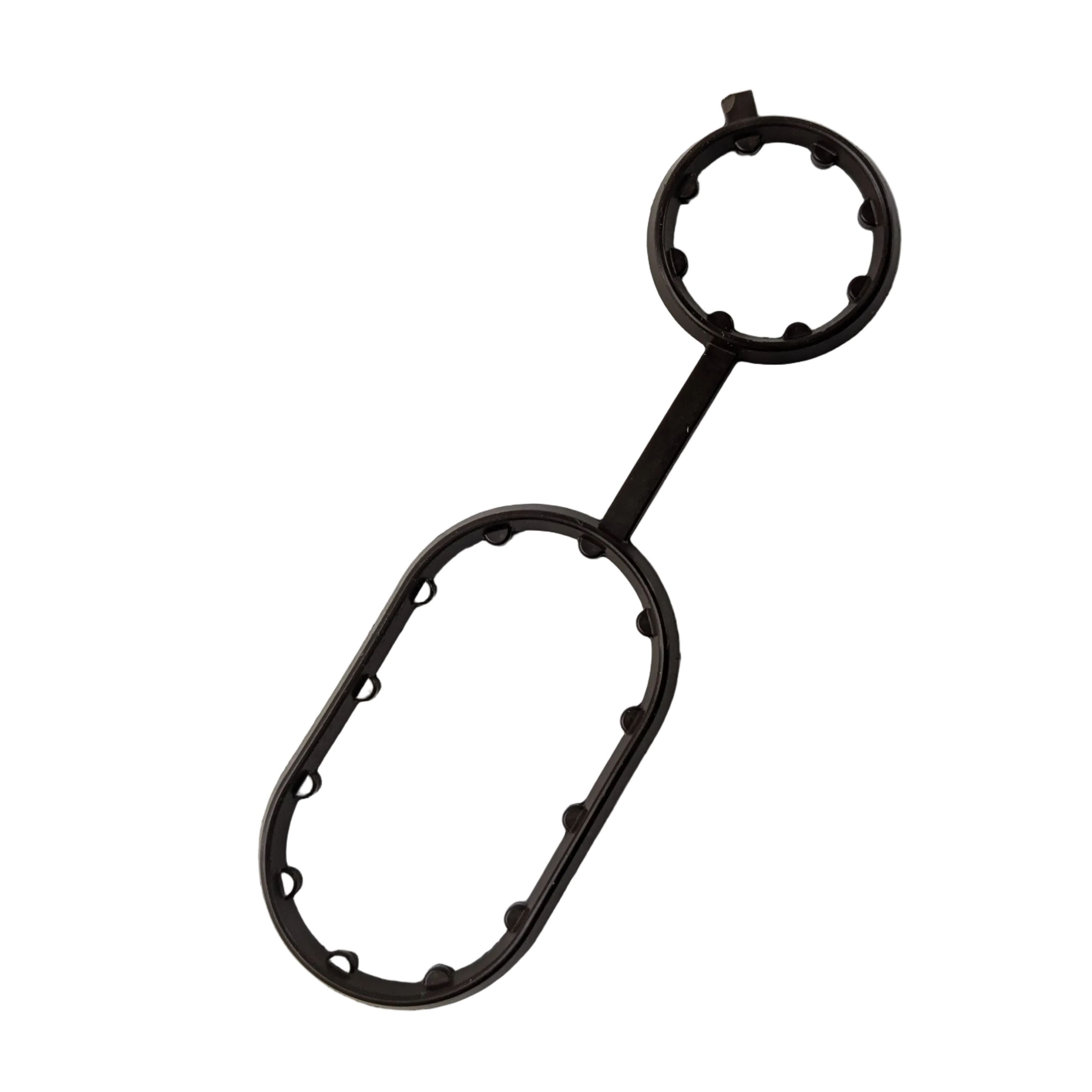 Black plastic Seal-Filter Adapter with circular and oval openings connected by a straight bar.