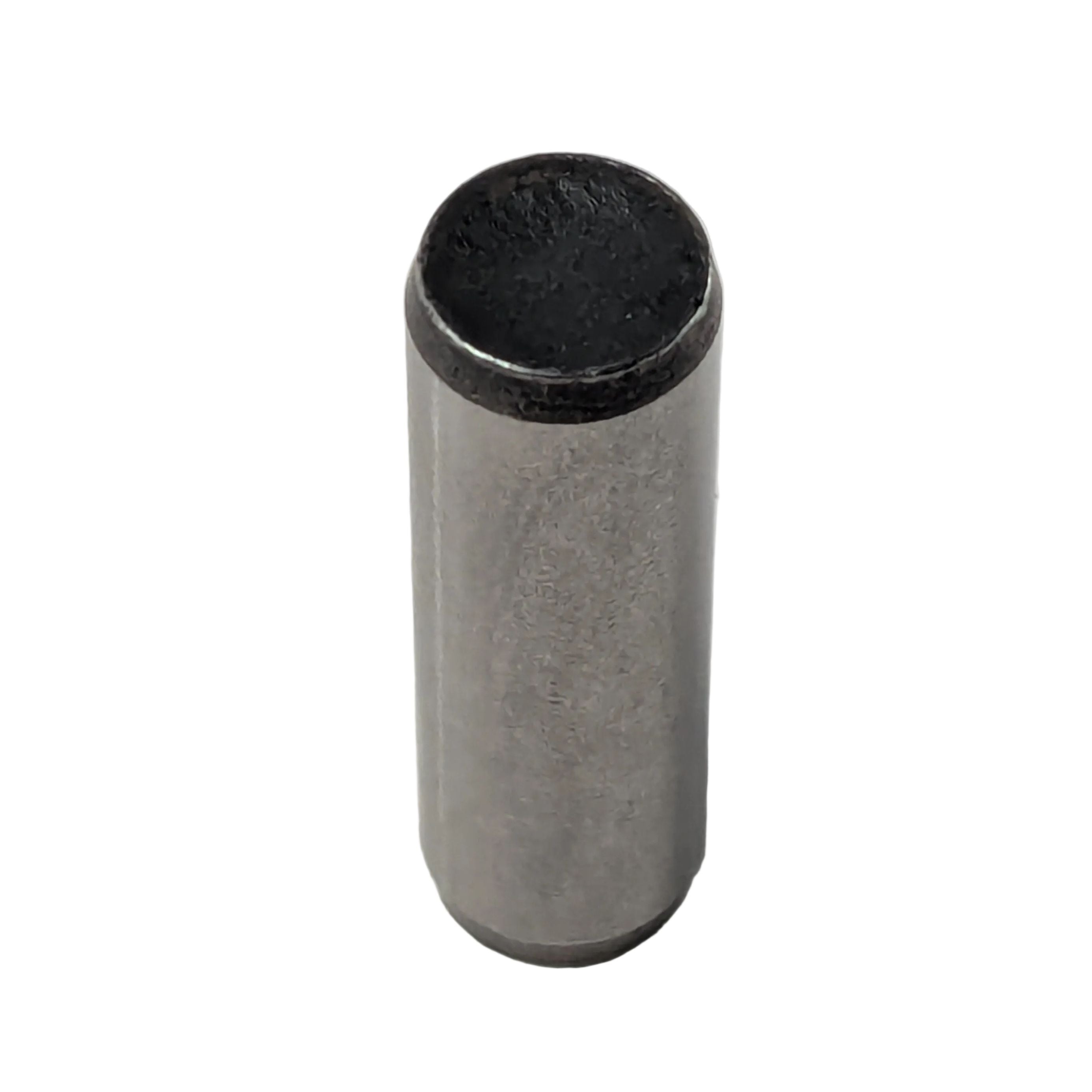 Silver cylindrical metal pin with a black textured top surface.