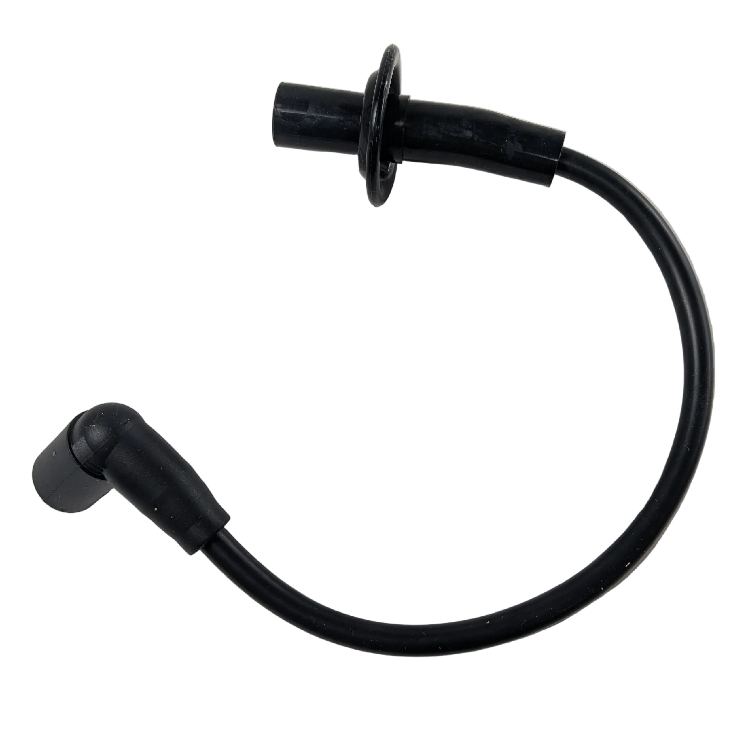 Black spark plug wire with rubber connectors and a molded flange for Polaris RZR 200 series.