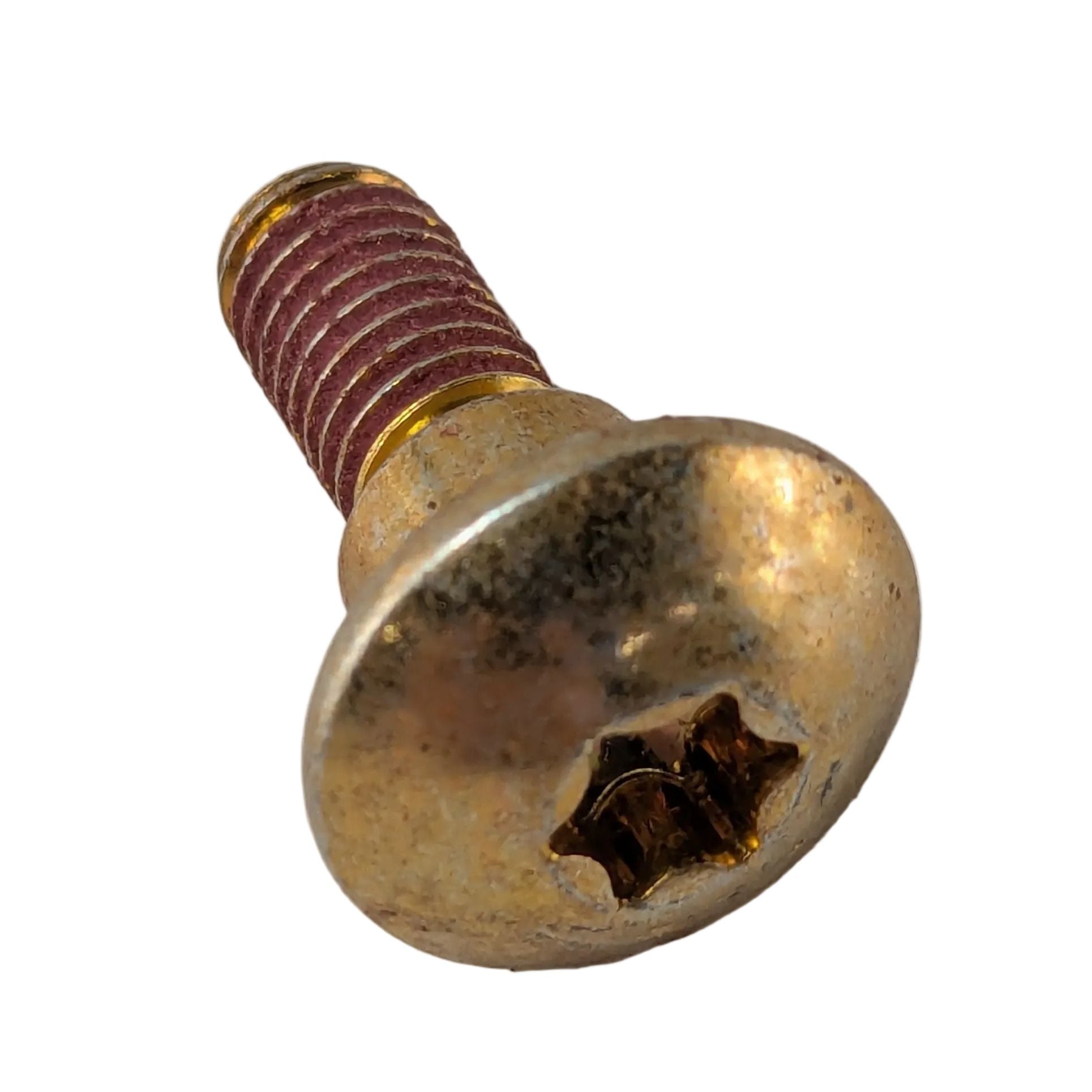 Gold-toned shoulder screw with red-threaded shaft and star-shaped drive head on white surface.