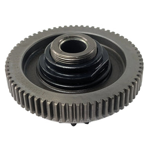 Metal starter torque limit gear assembly in gray with central black hub and teeth around edge.