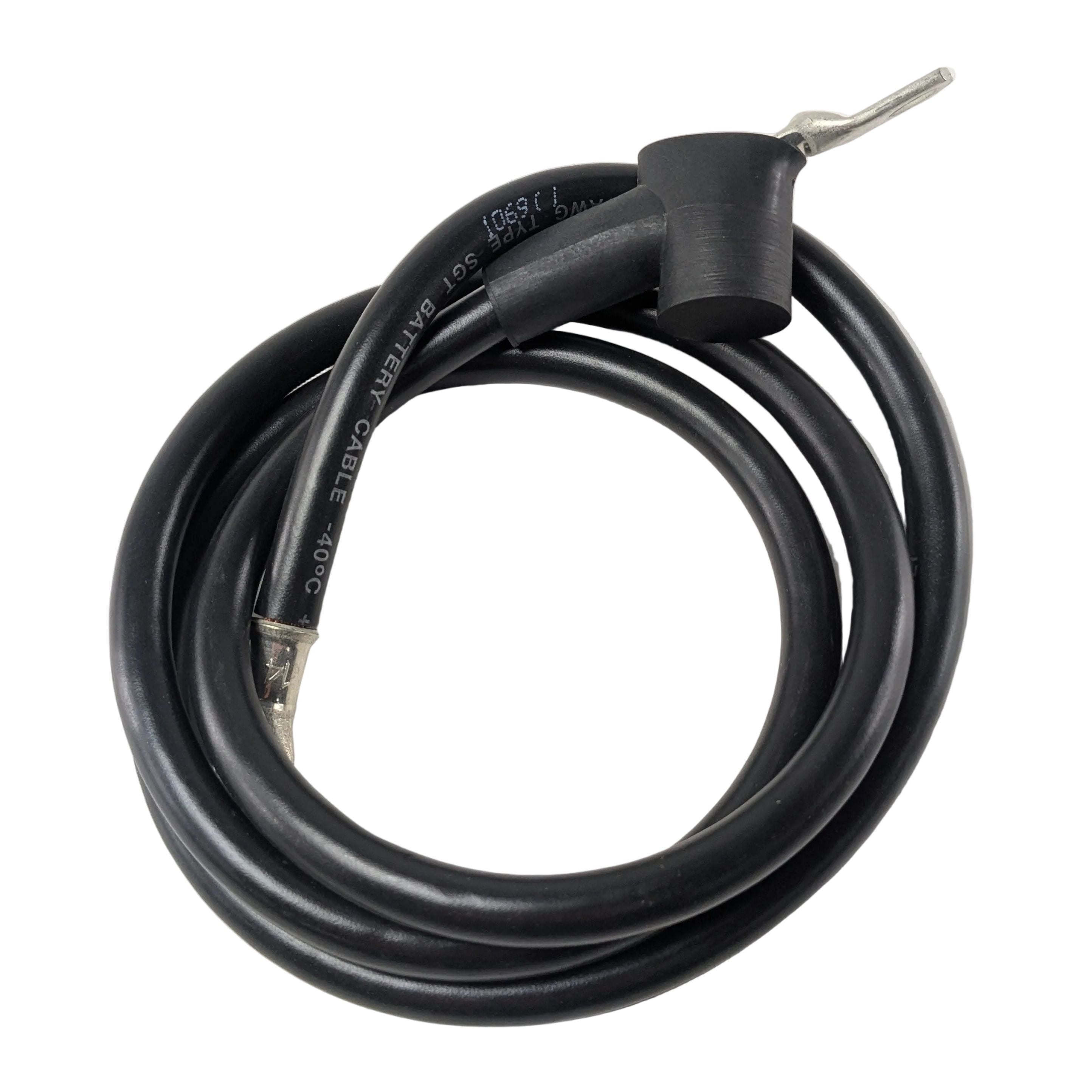 Black rubber-coated starter cable with protective boot and exposed metal terminal end.