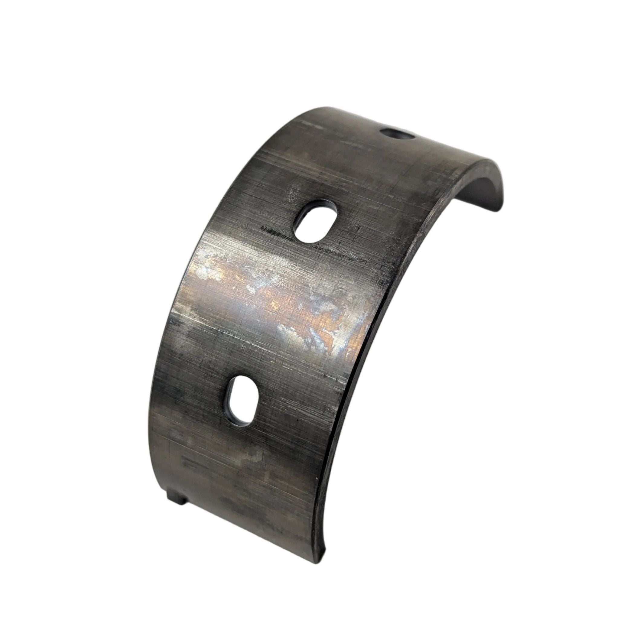 Metal curved bearing main upper with two oval mounting holes on a white background.