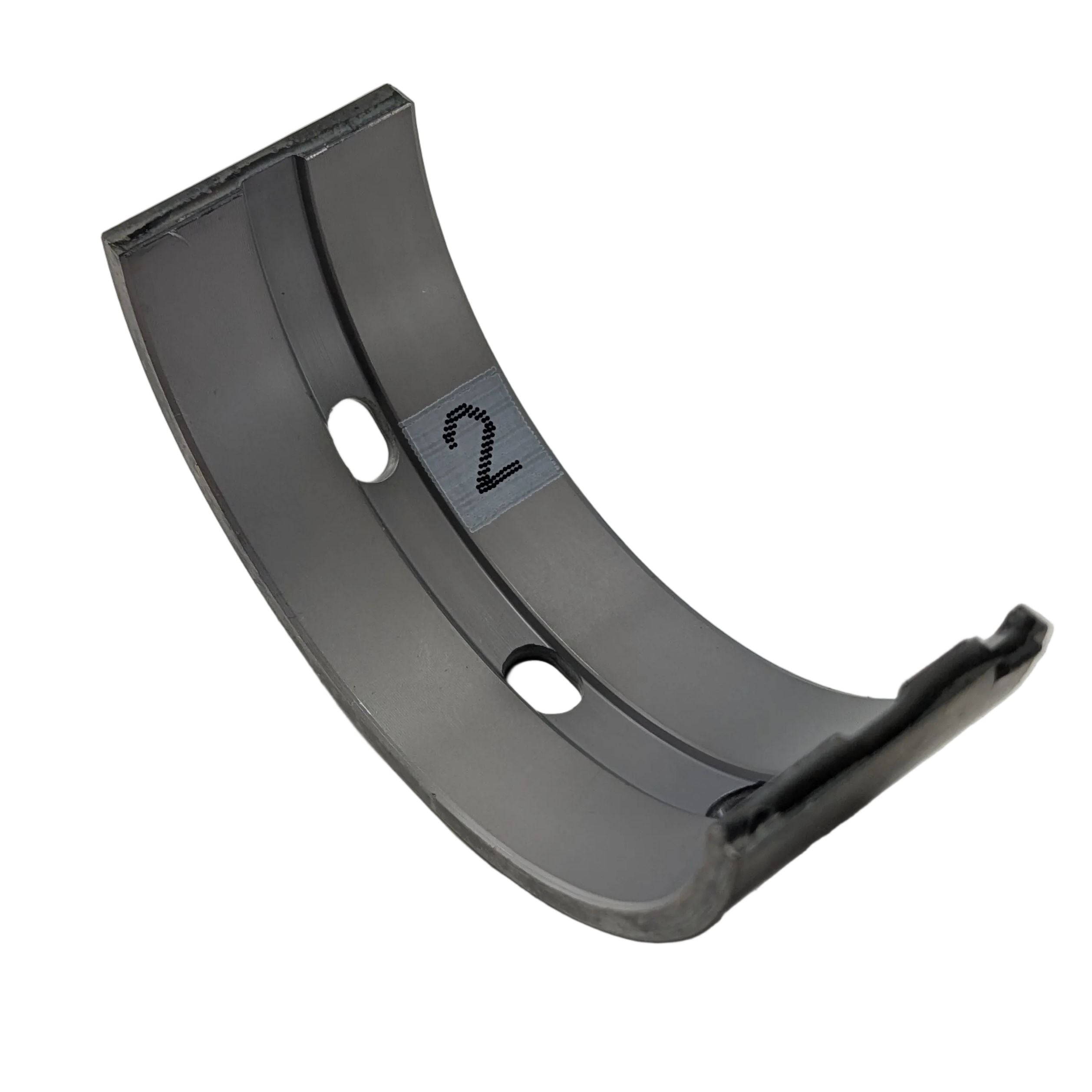 Curved metallic gray bearing-main upper with two mounting holes and "2" marking.