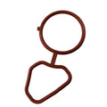 Red silicone gasket with two connected loops, one round and one irregularly shaped.