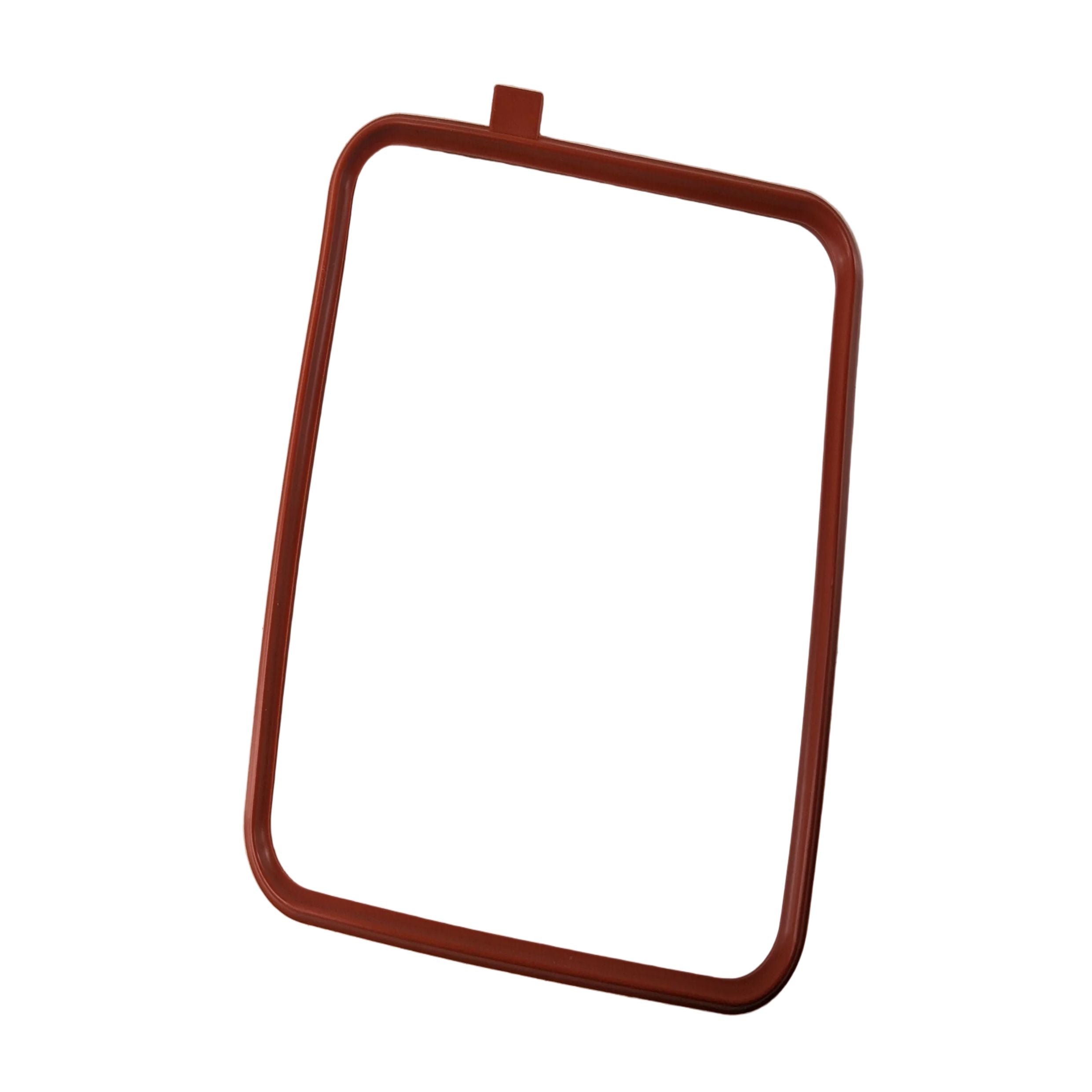 Red rectangular rubber gasket with a small tab on one side, designed for sealing purposes.