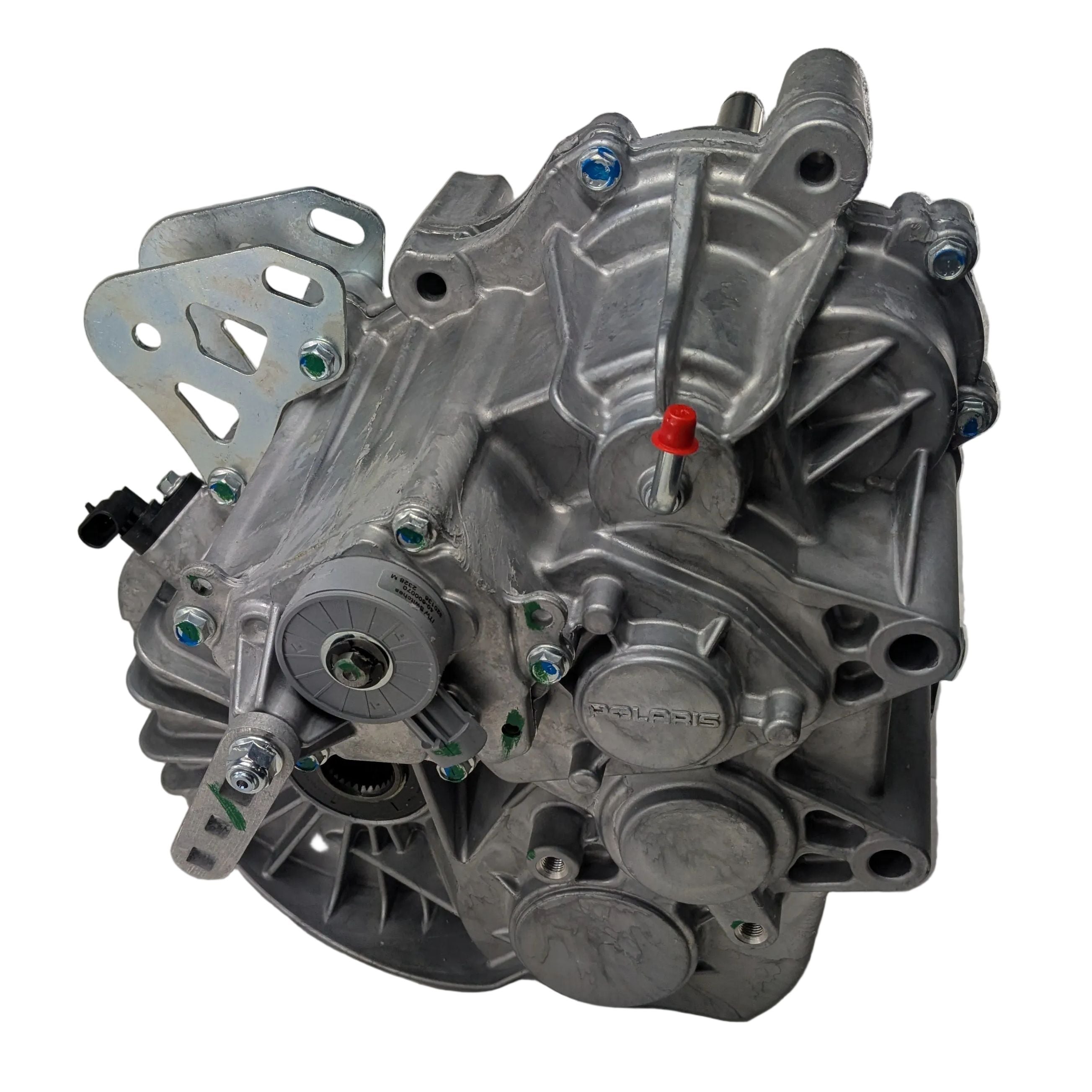 Silver metal Complete Gearcase Assembly with circular and gear-like components and red marking on one bolt.