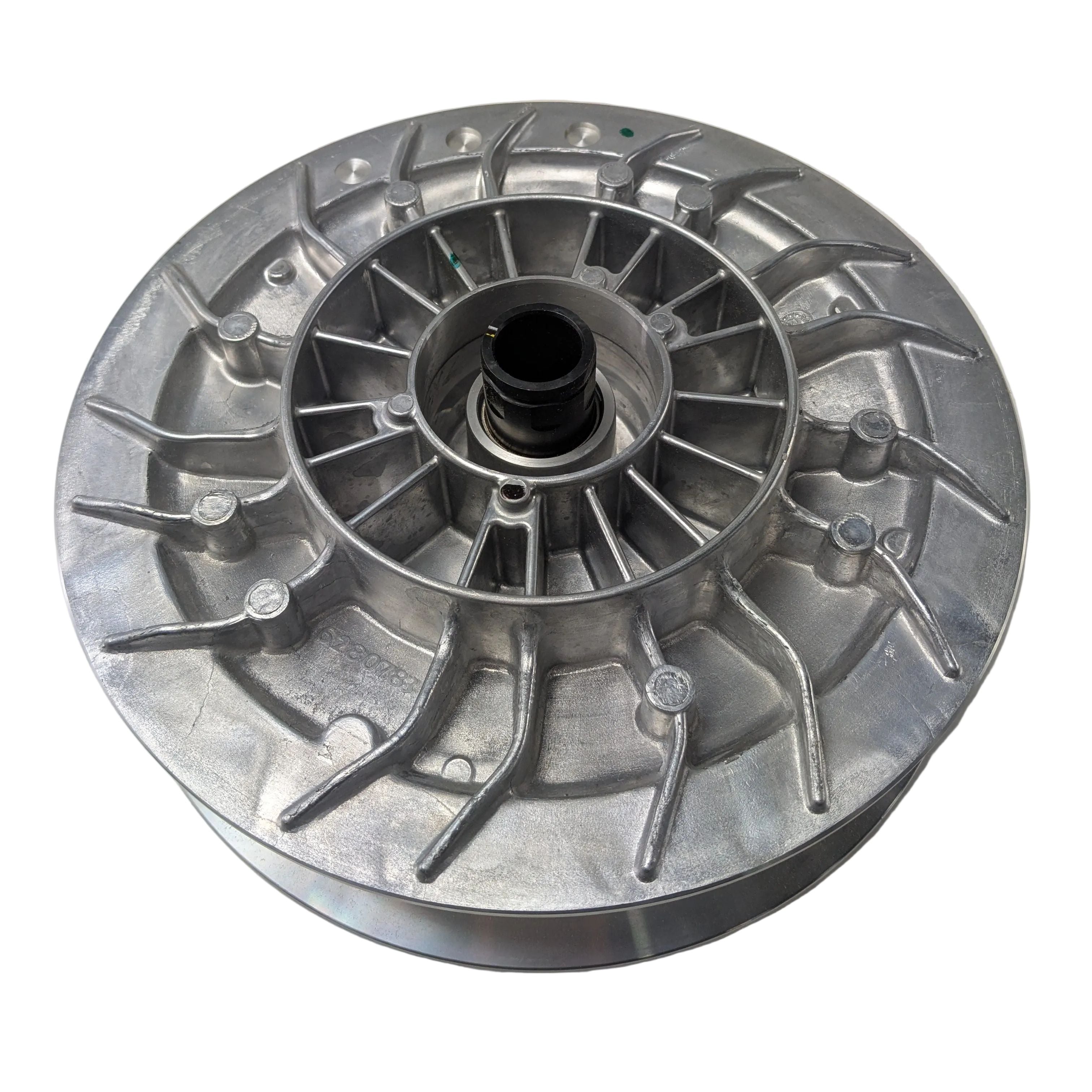 Silver metal inner half assembly with circular shape, central hole, and radial support ribs.