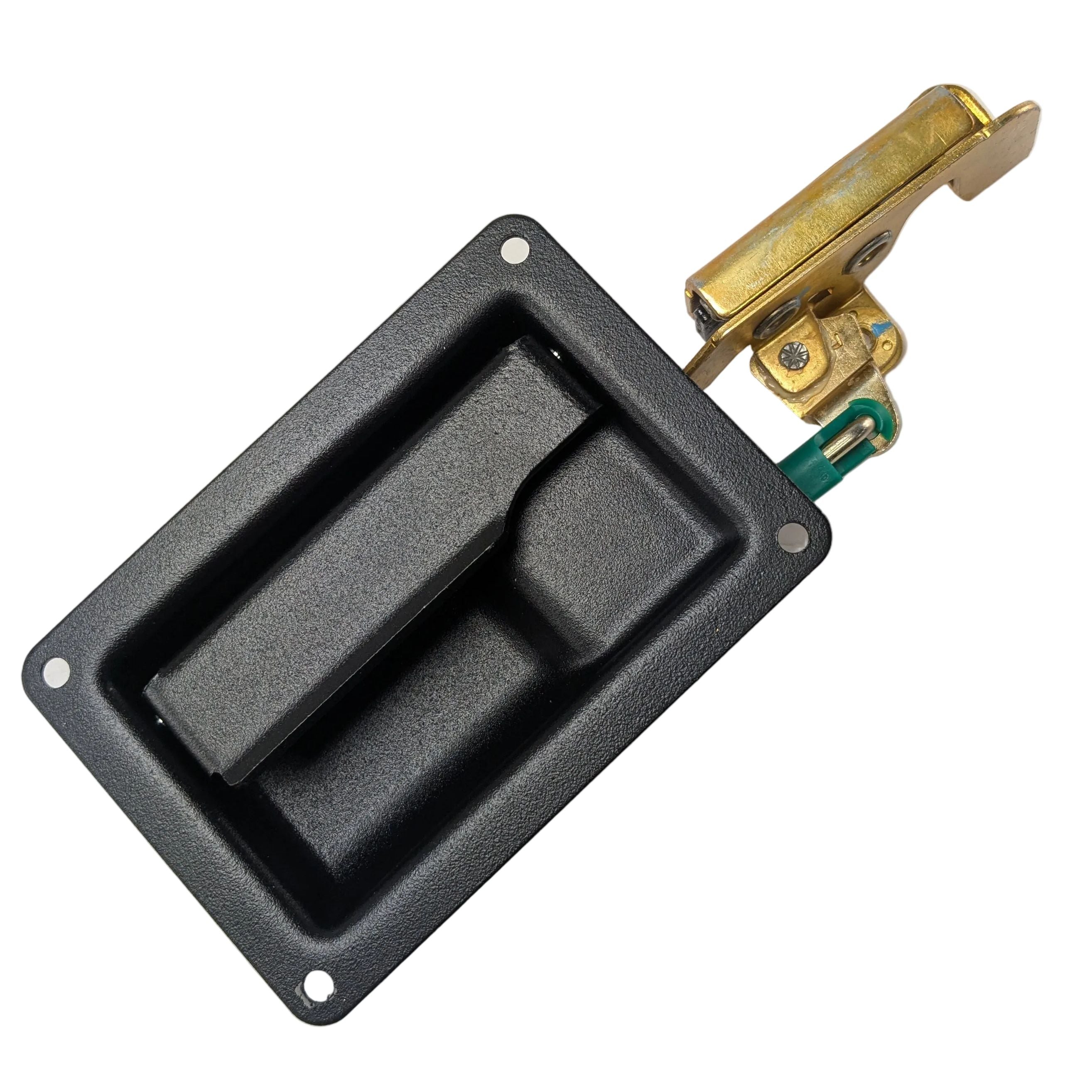 Black rectangular plastic handle assembly with gold metal side guard and mounting bracket.