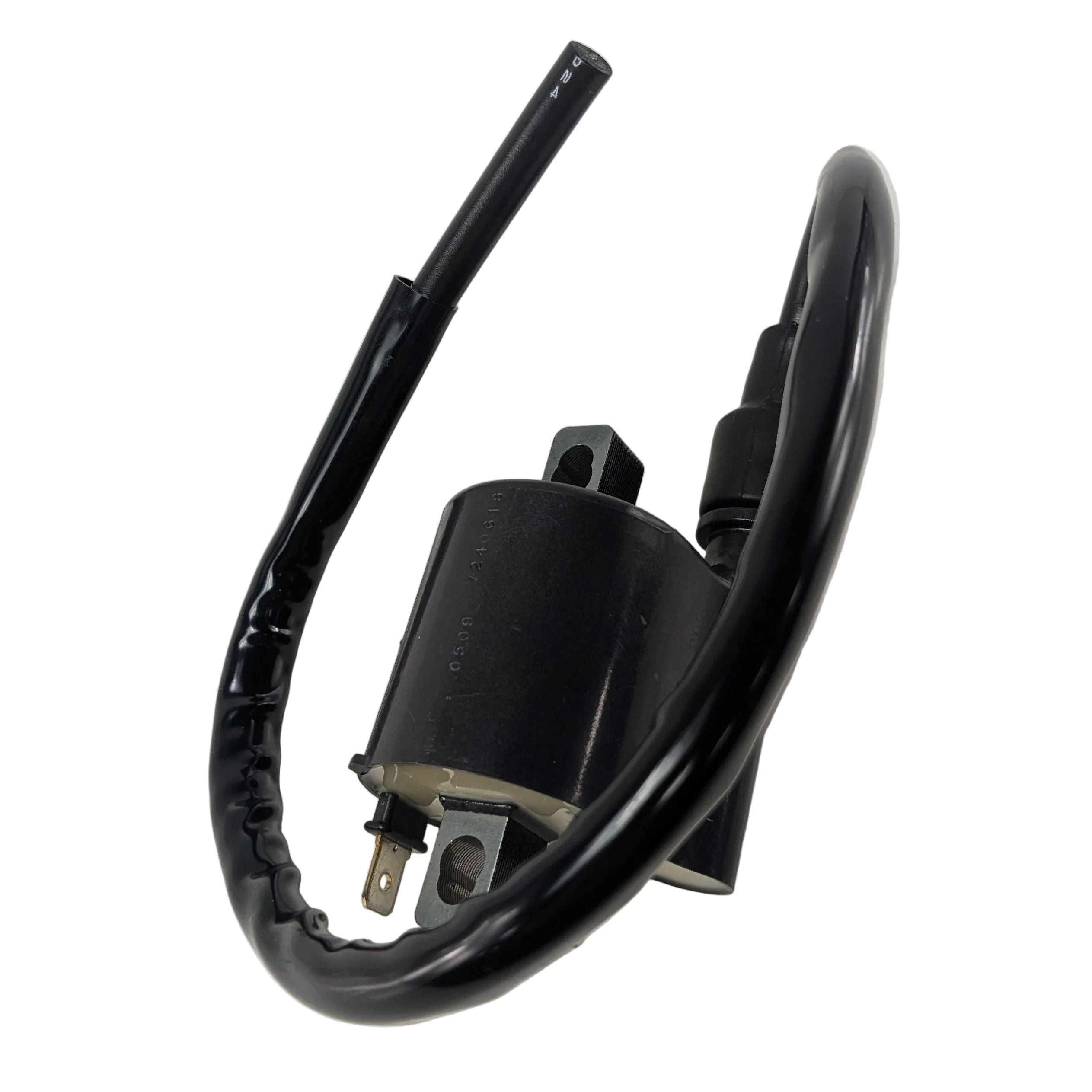 Black cylindrical coil ignition with attached black cable and metal mounting bracket.
