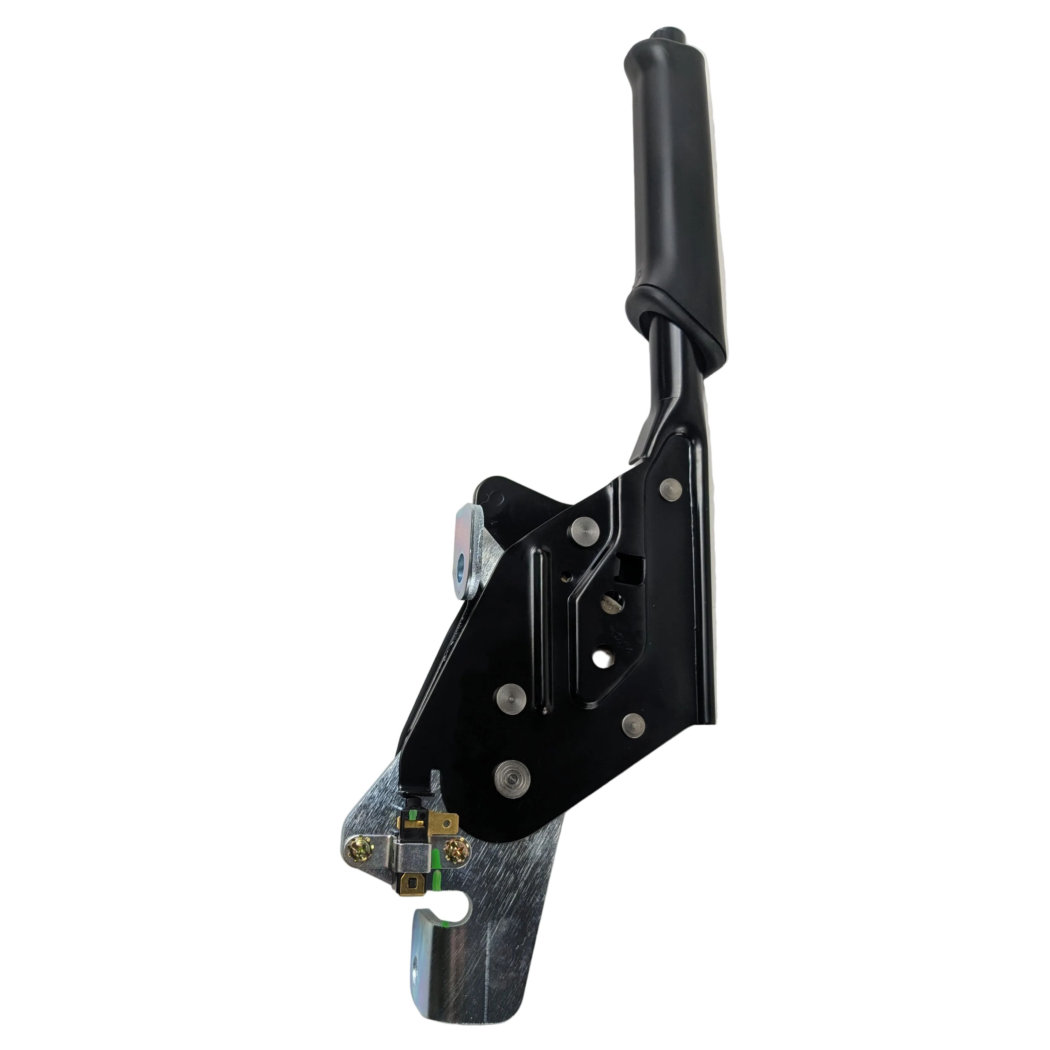 Black metal parking brake lever assembly with plastic handle and mounting bracket.