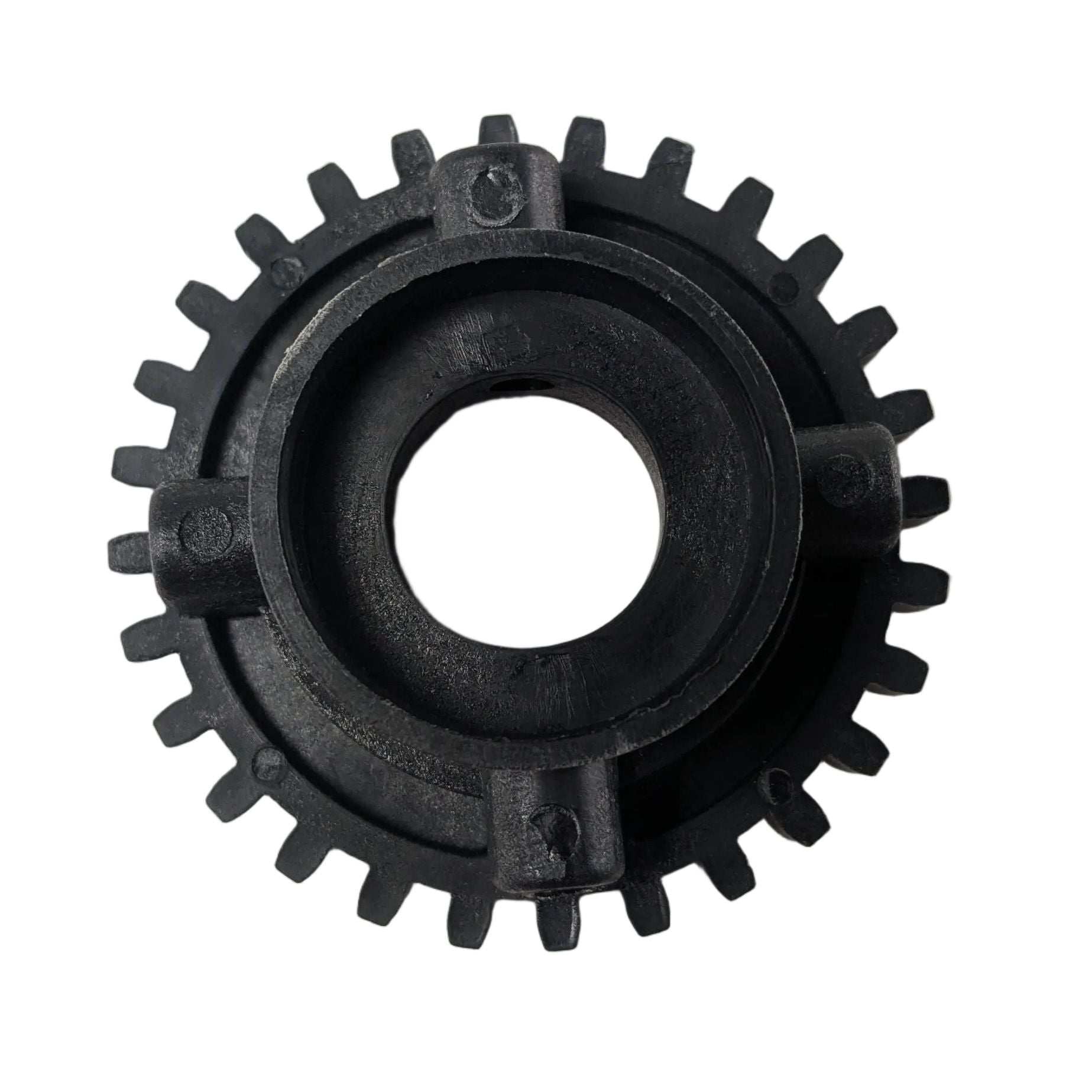 Black plastic crankcase breather gear with evenly spaced teeth and central circular hole.