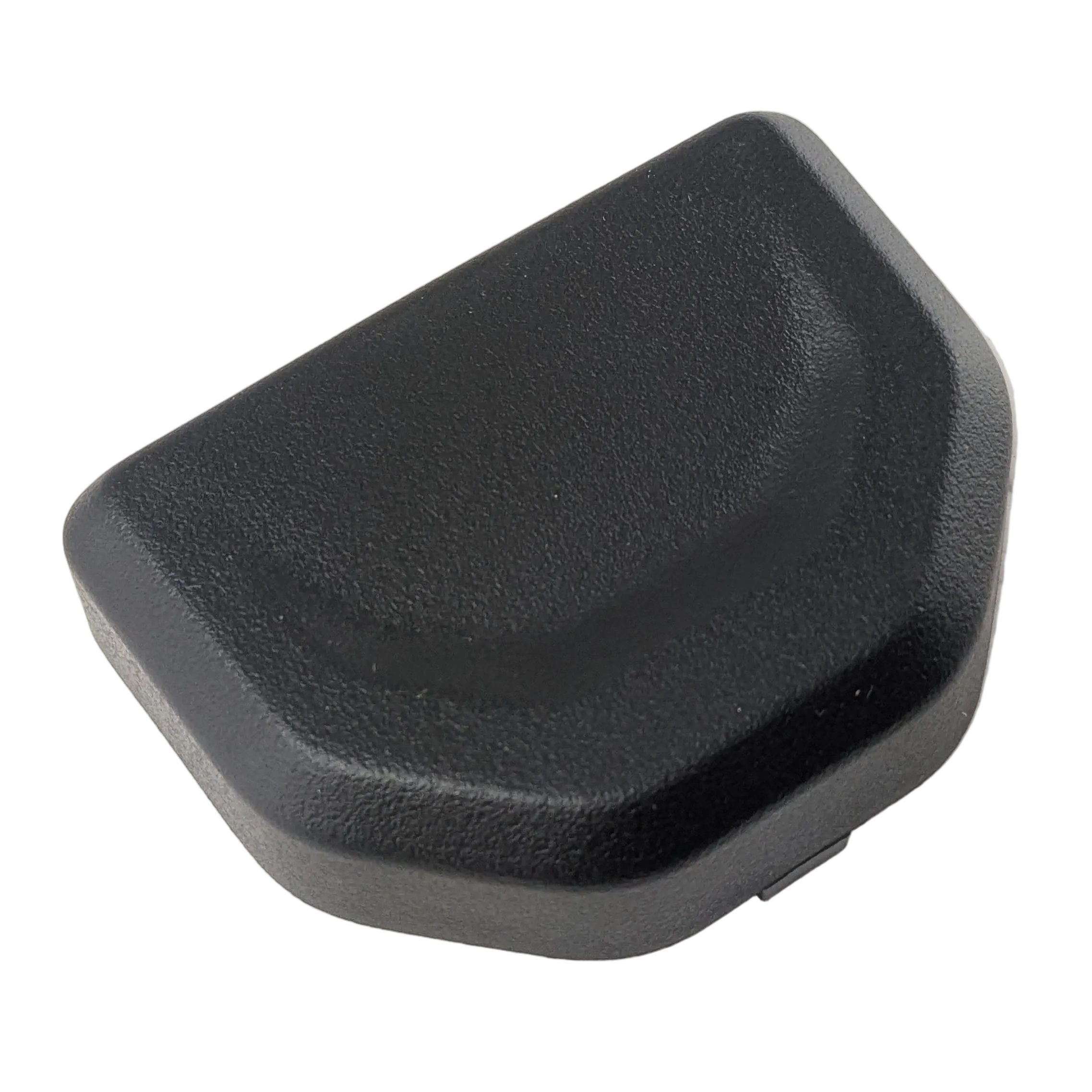 Black textured plastic cover with angular edges and a slight curve designed for seat belt protection.