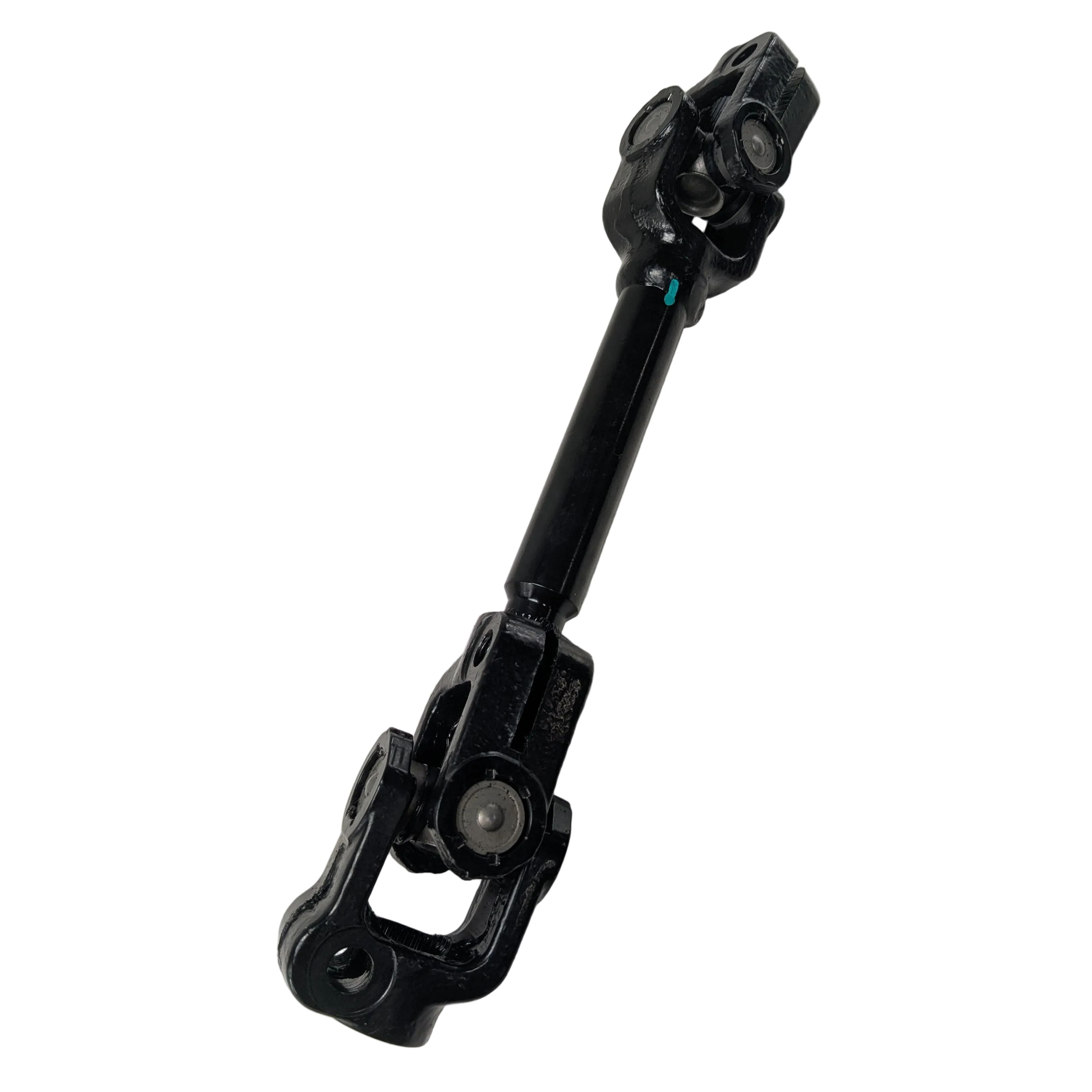 Black metal universal steering shaft with two yoke ends and a central shaft section.