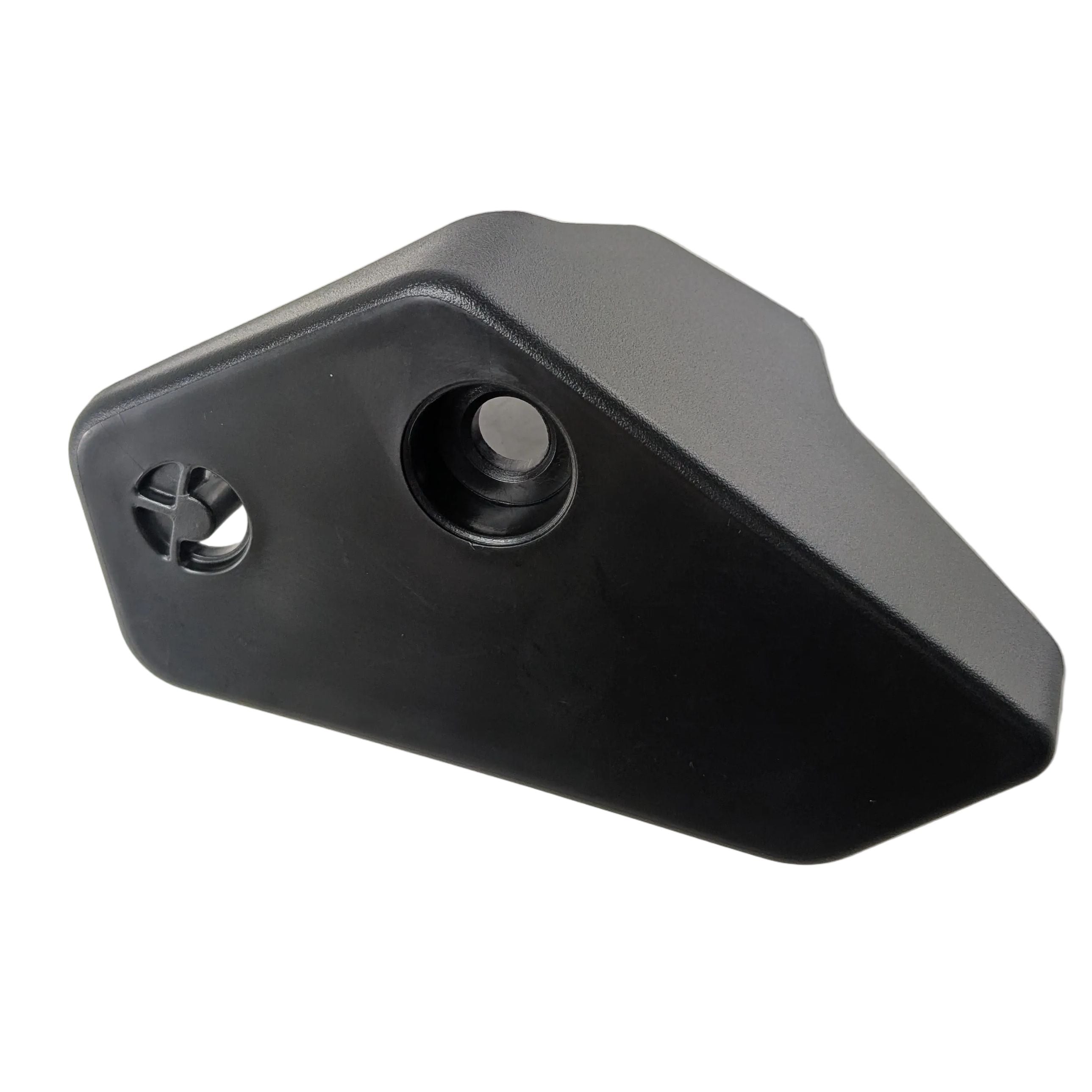 Black angular plastic front reflector lock seat with mounting holes designed for right side installation.