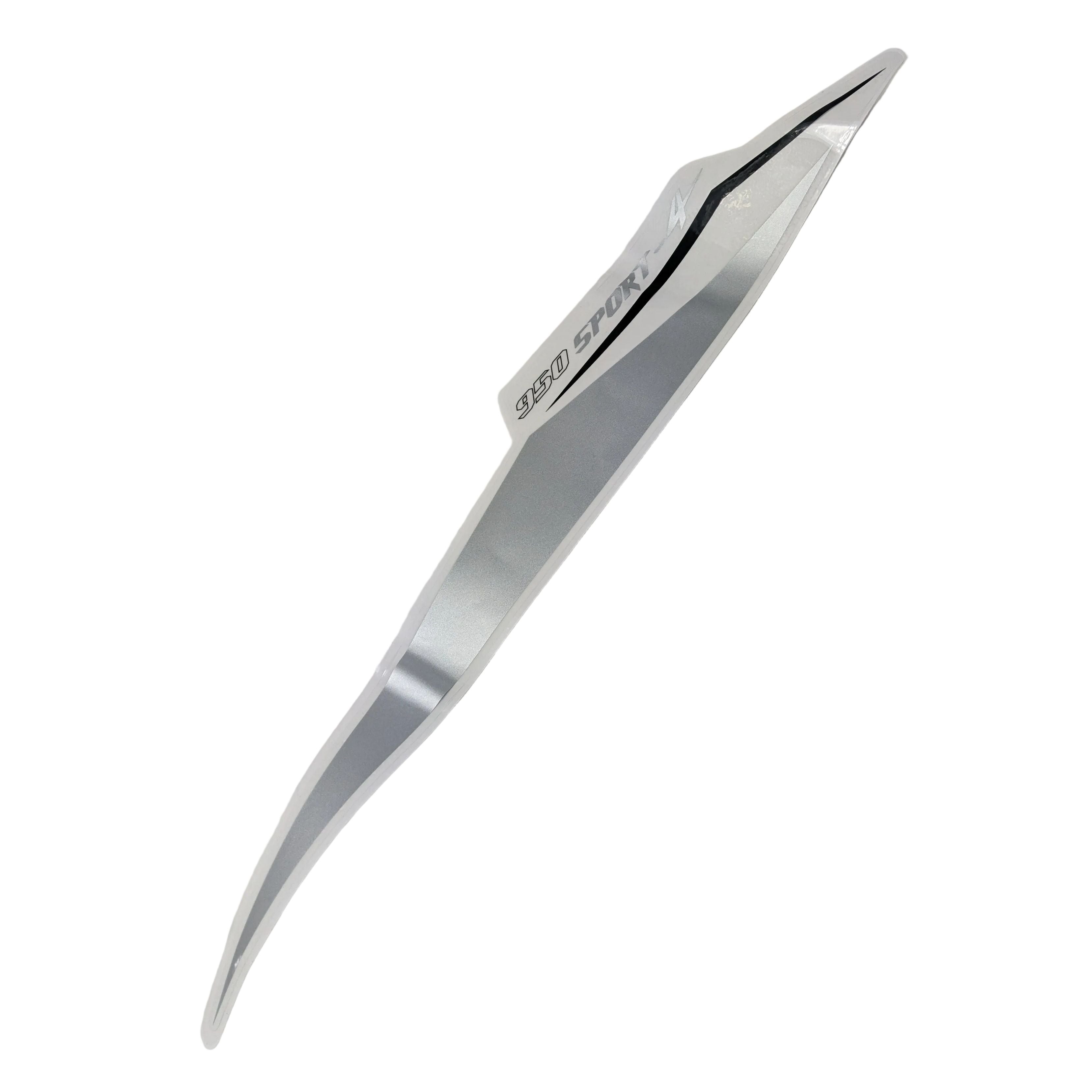 Curved silver decal strip with sharp edges and black text detail on a white surface.