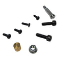 Black and metallic clutch master cylinder repair kit bolts with a small brass bushing and silver nut on white background.