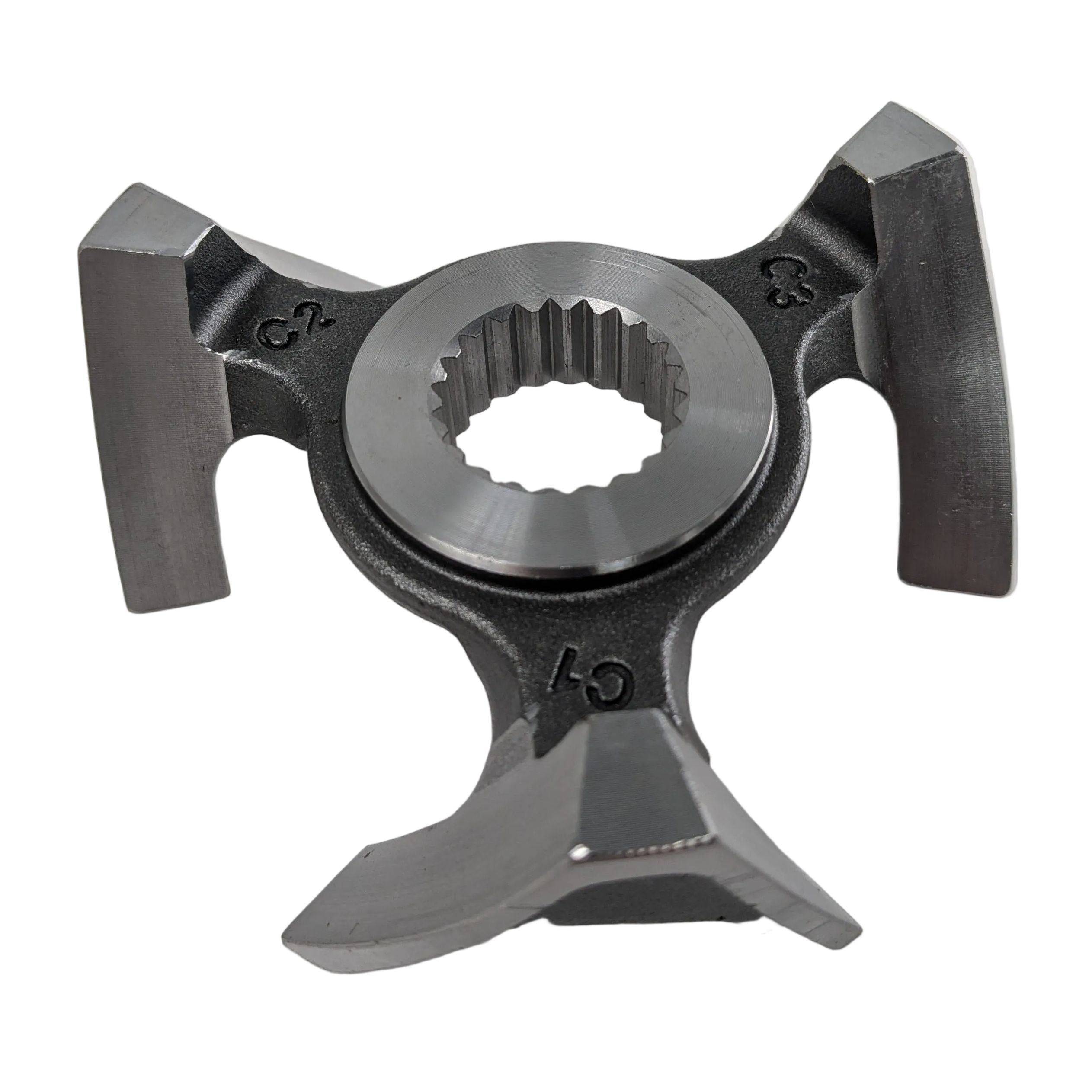 Black metal tri-spoke driven helix gear with central spline and angular arms.