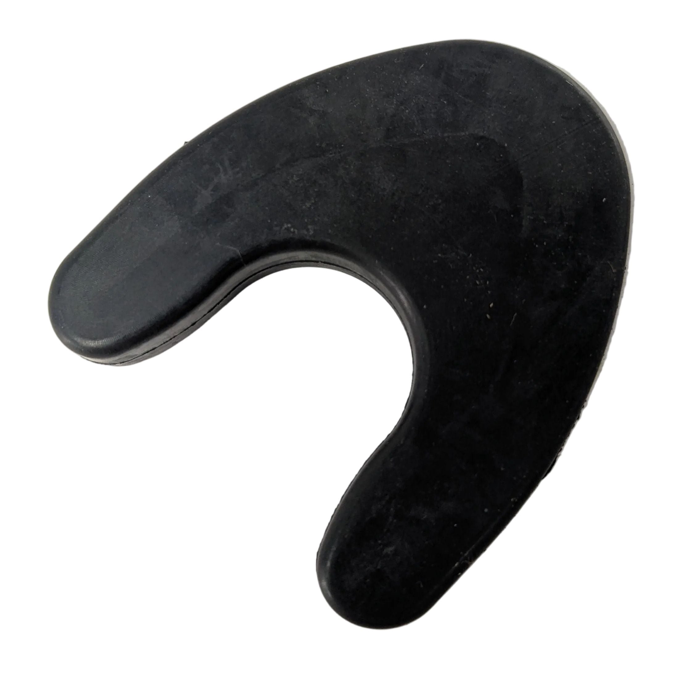 Black rubber end cap with a curved hook-like shape and smooth surface.