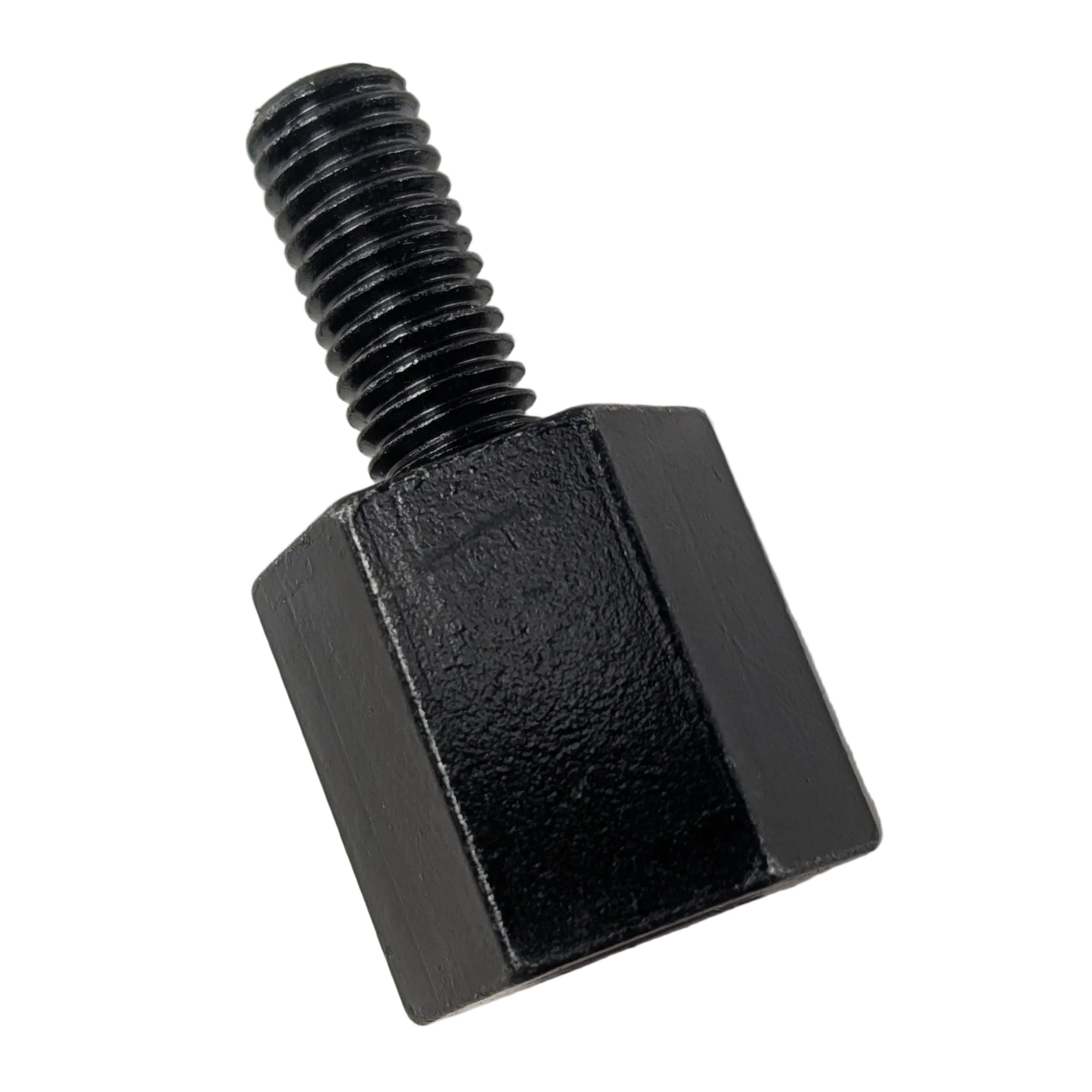 Black metal spacer with threaded bolt, rectangular base and cylindrical screw end.