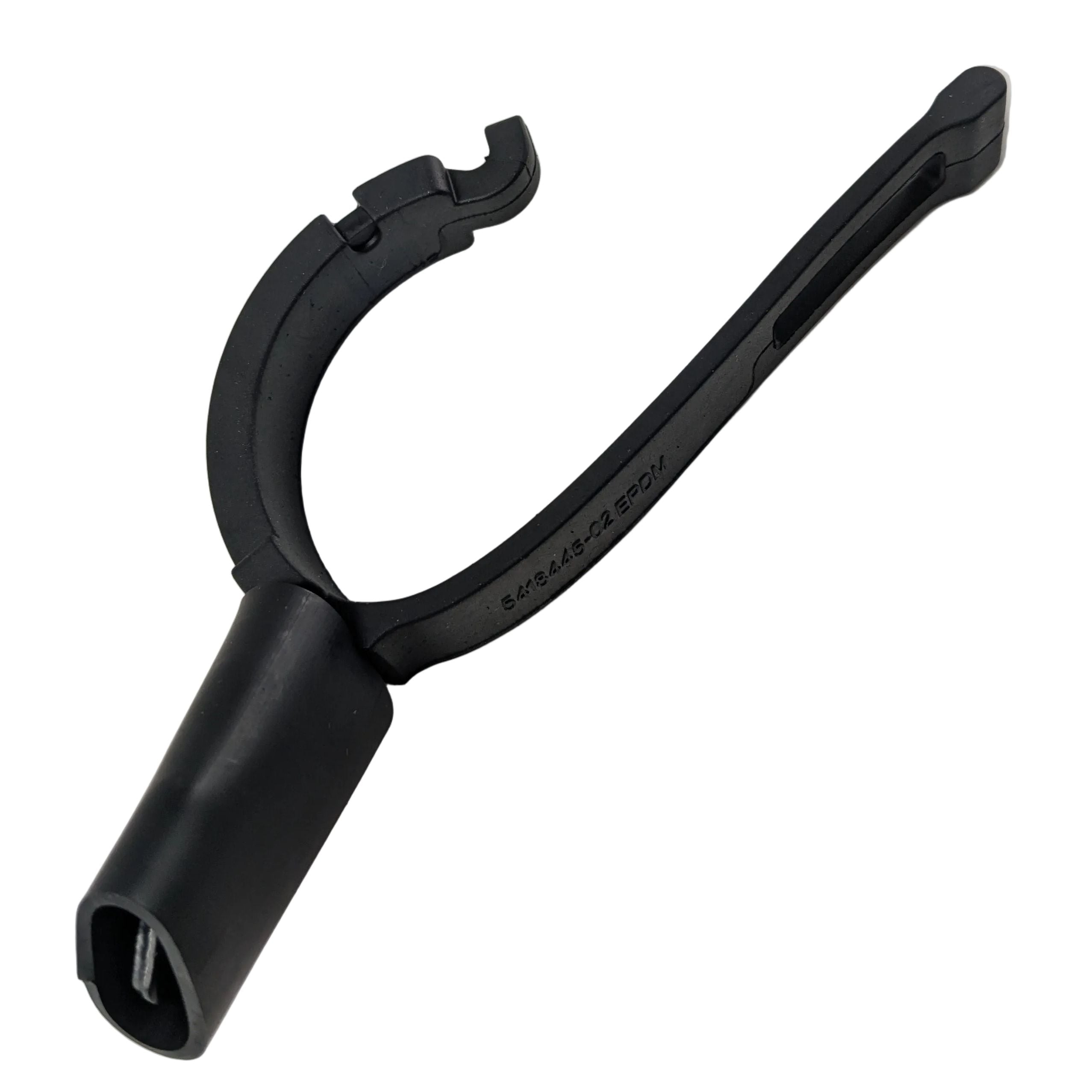 Matte black lower cowl mount bracket with curved arm and cylindrical base for right side motorcycle attachment.