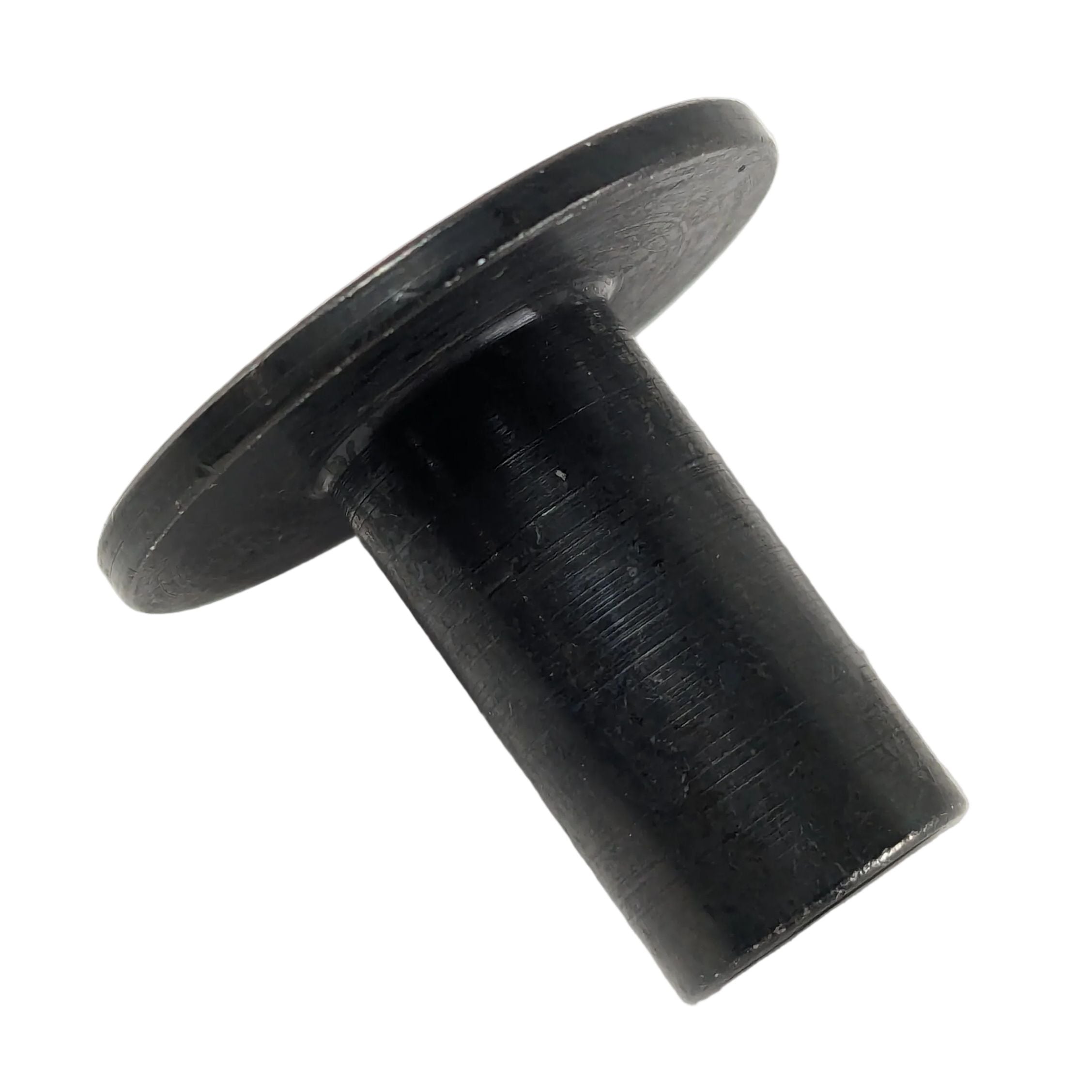 Black cylindrical exhaust compression limiter bushing with a flat, round flange on one end, made of durable metal or hard.