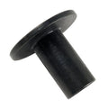 Black cylindrical exhaust compression limiter bushing with a flat, round flange on one end, made of durable metal or hard.