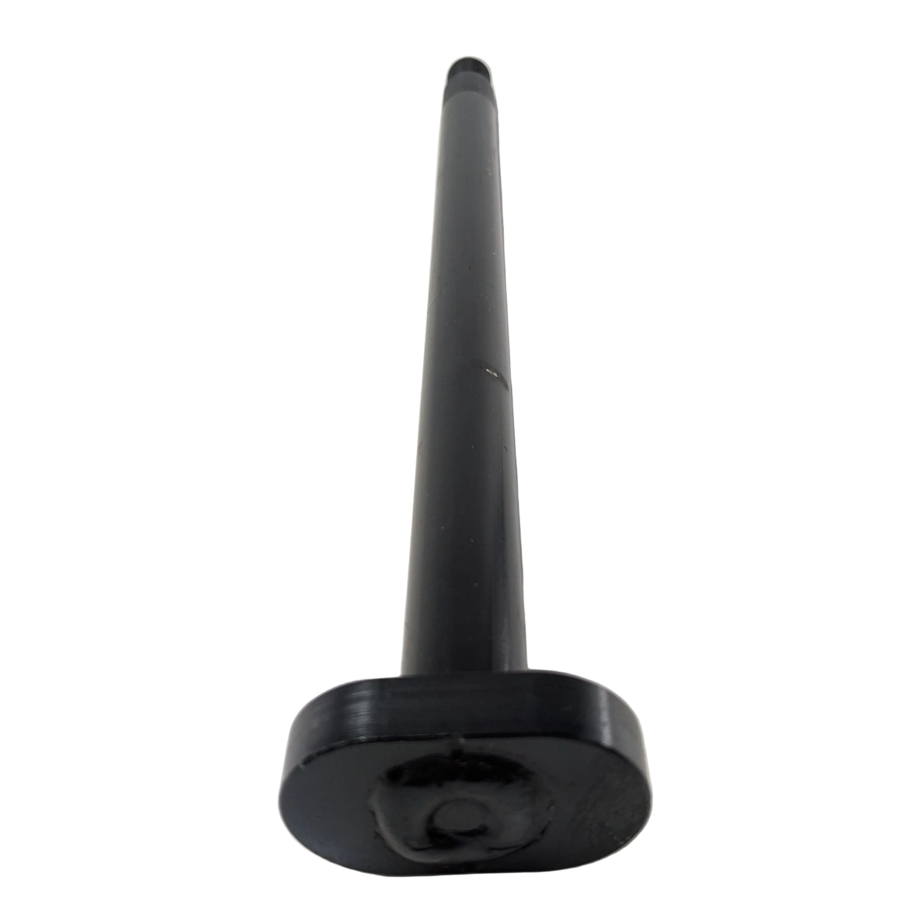 Black metal rear axle with a flat rectangular mounting plate and central hole.